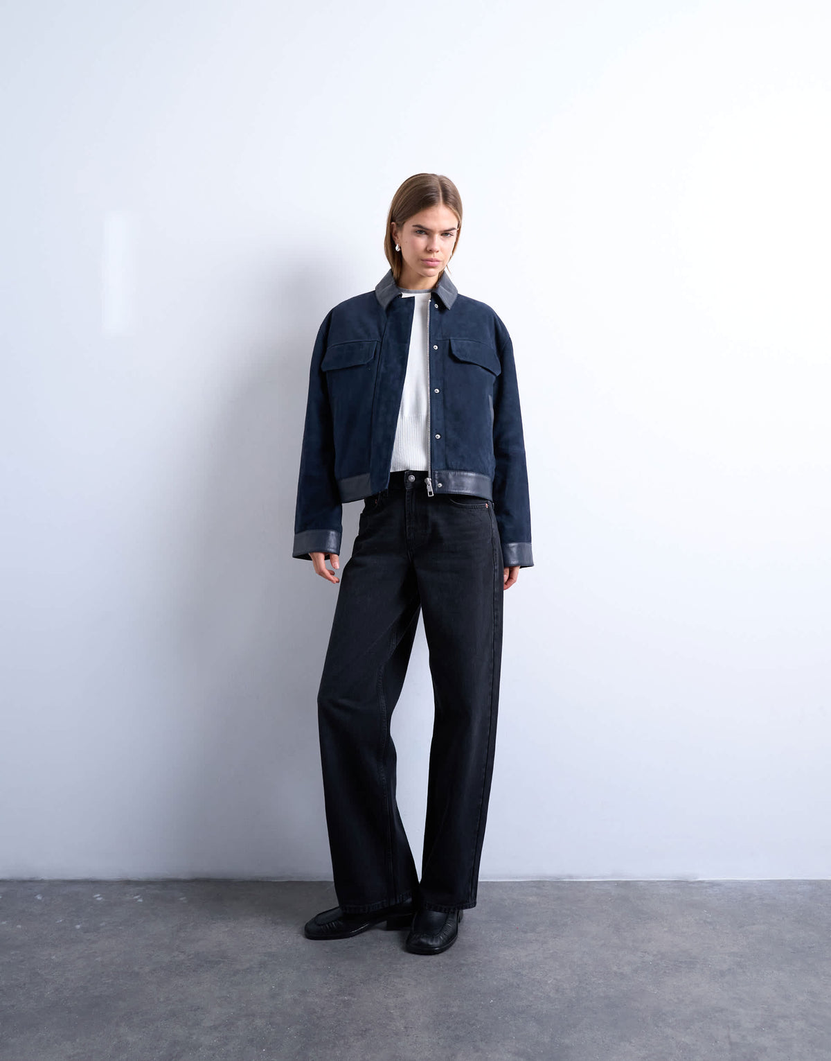 Topshop premium real suede jacket in navy