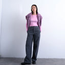 Pantalon large en suédine Topshop, couleur ardoise, avec coutures apparentes.