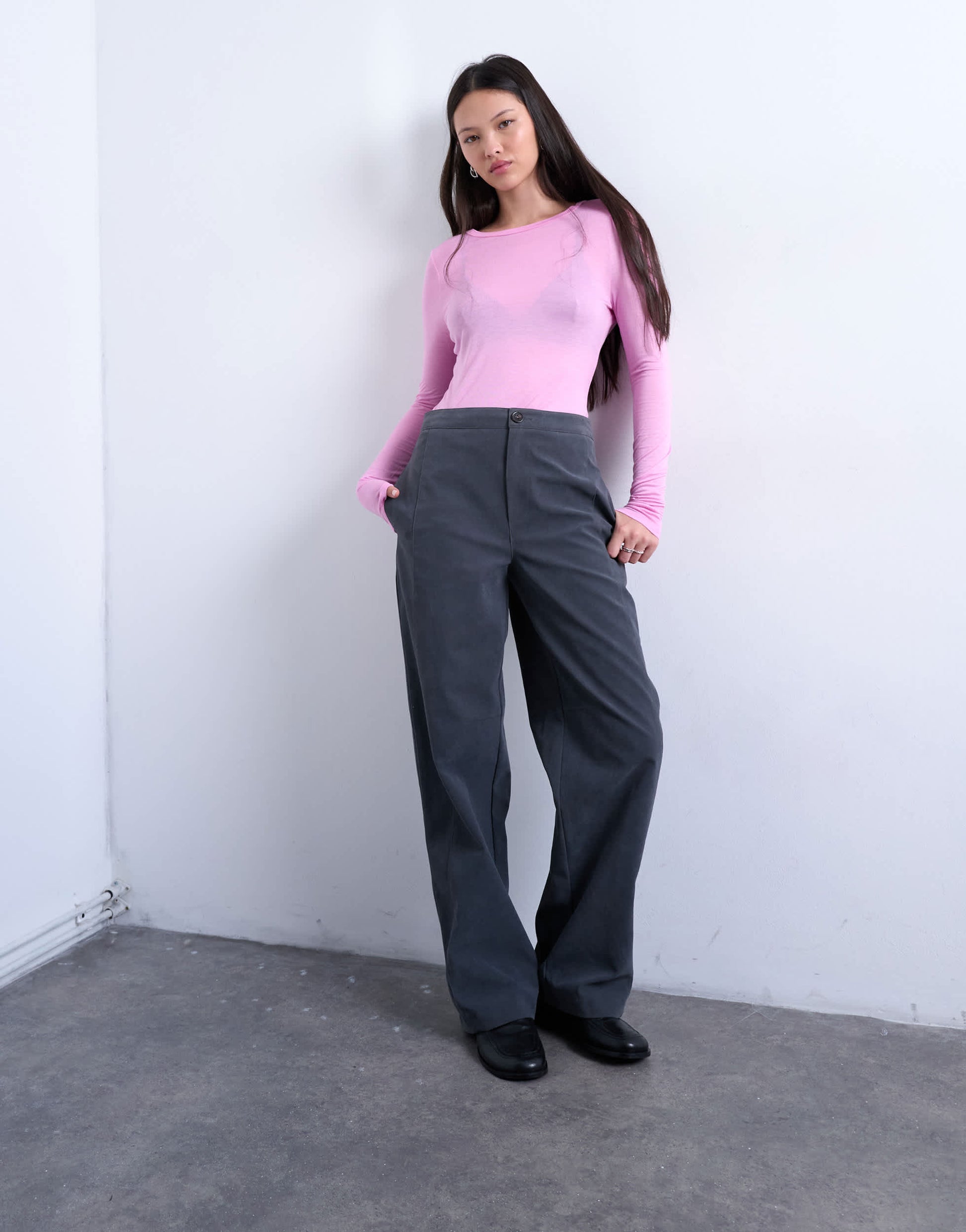 Topshop faux suede wide leg trouser with seam detail in slate