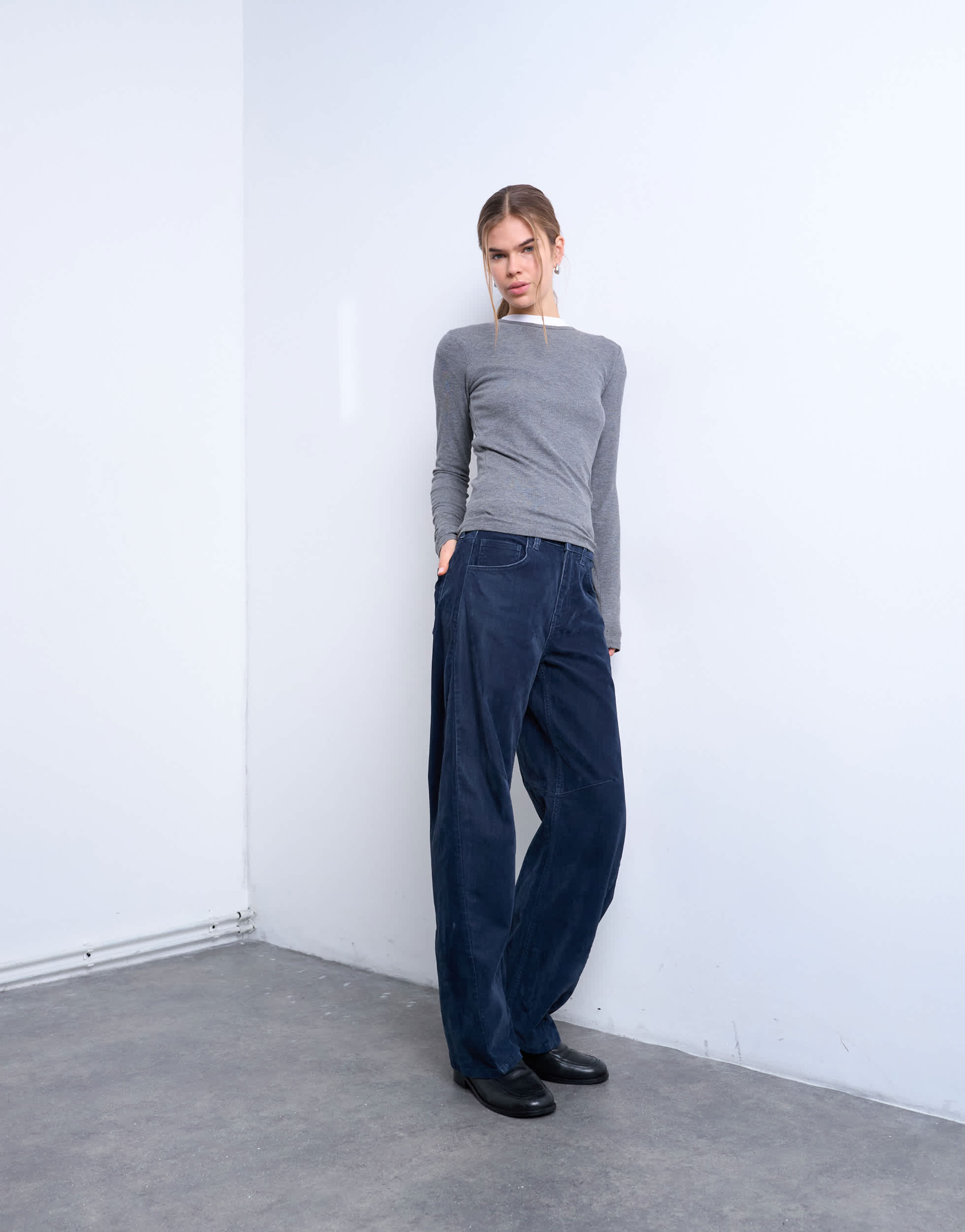 Topshop co ord velvet barrel leg seam detail trouser in navy