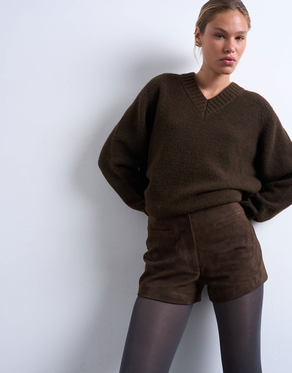 Topshop co ord real suede mini shorts in chocolate