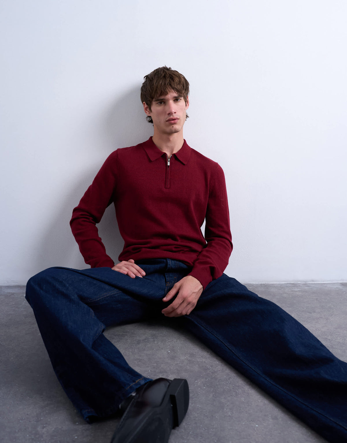 Topman essential knitted zip polo in burgundy