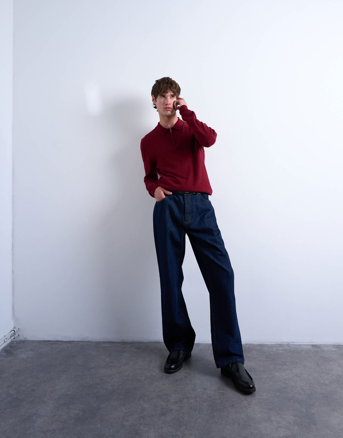 Topman essential knitted zip polo in burgundy