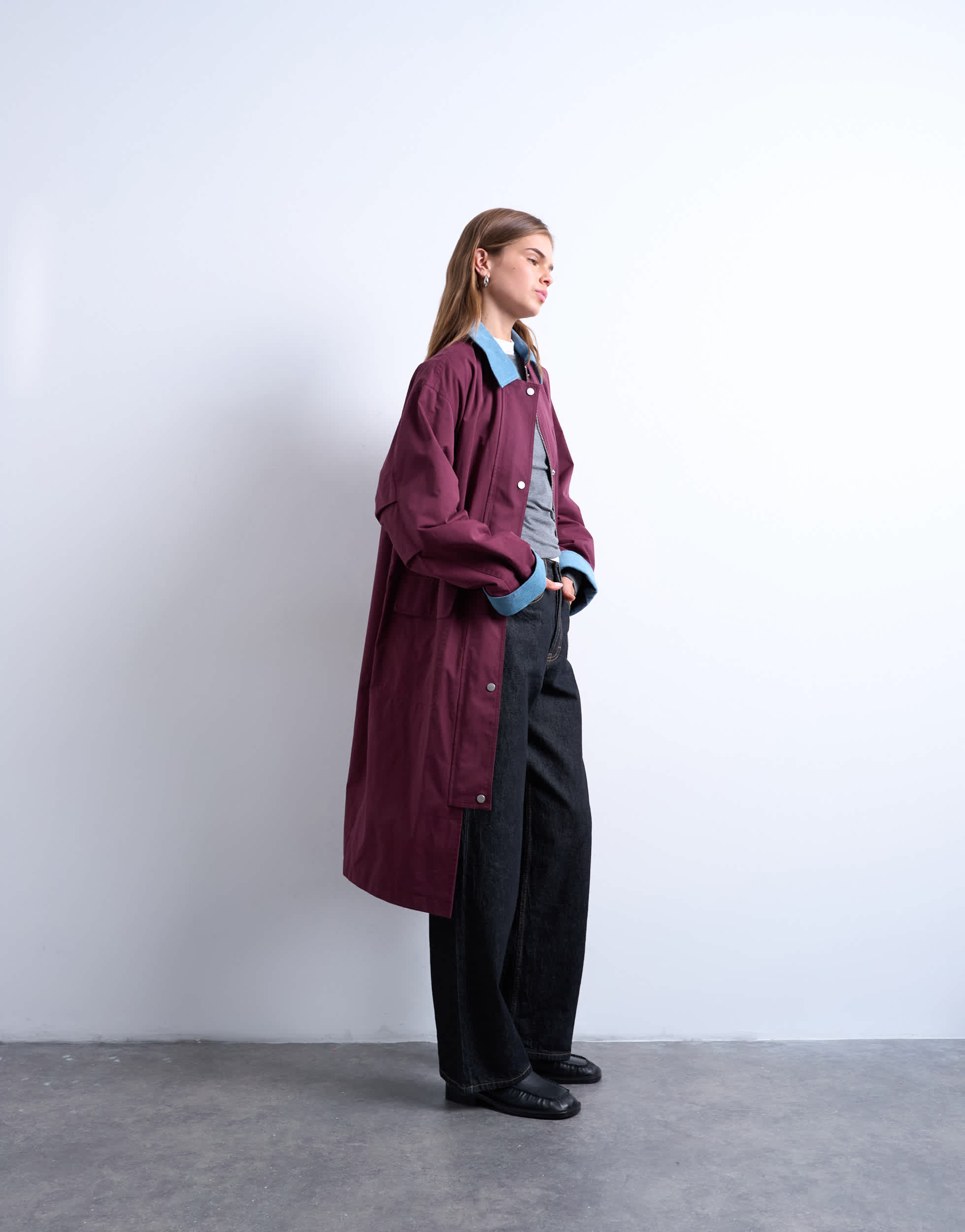 Topshop contrast collar longline shacket in burgundy
