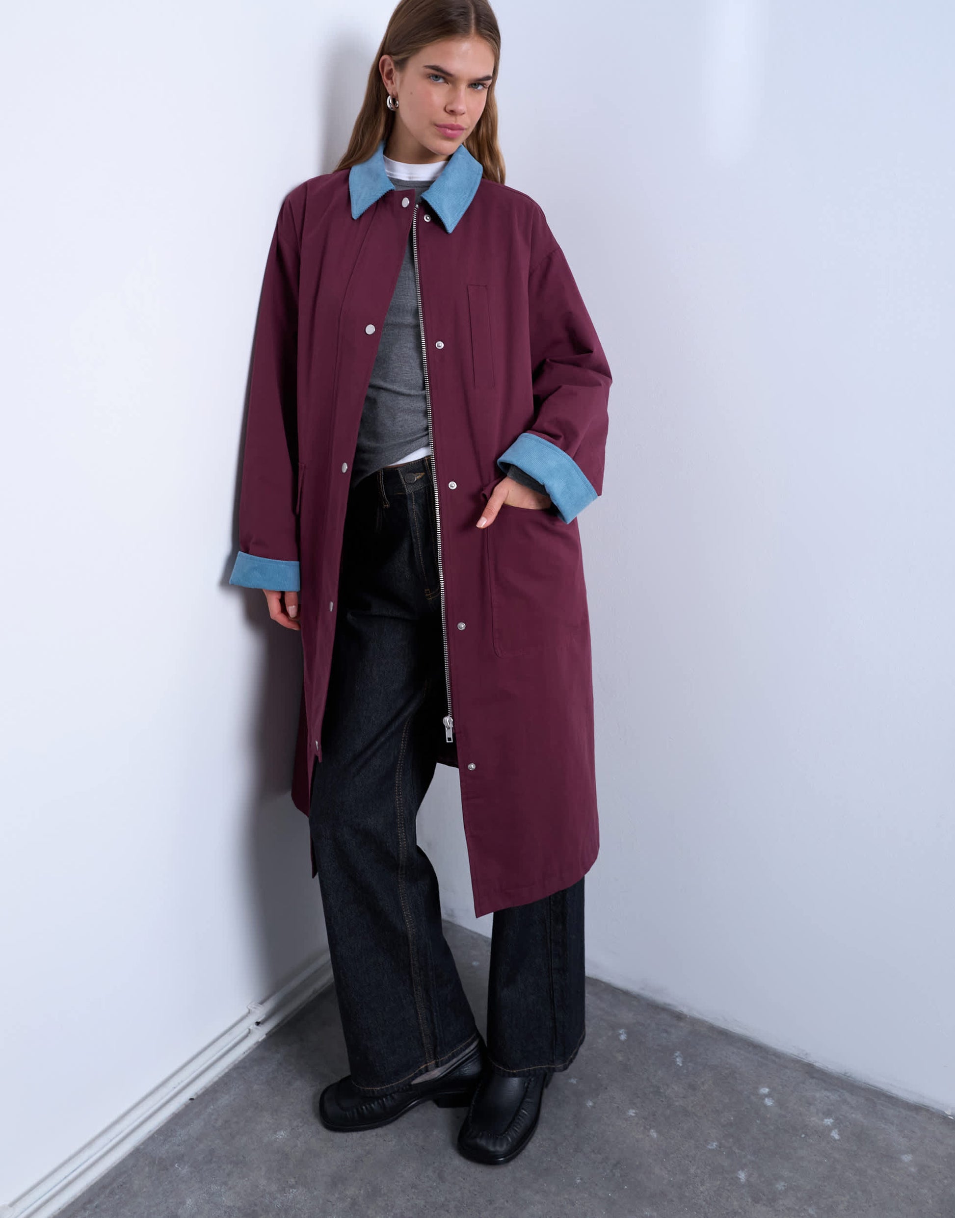 Topshop contrast collar longline shacket in burgundy