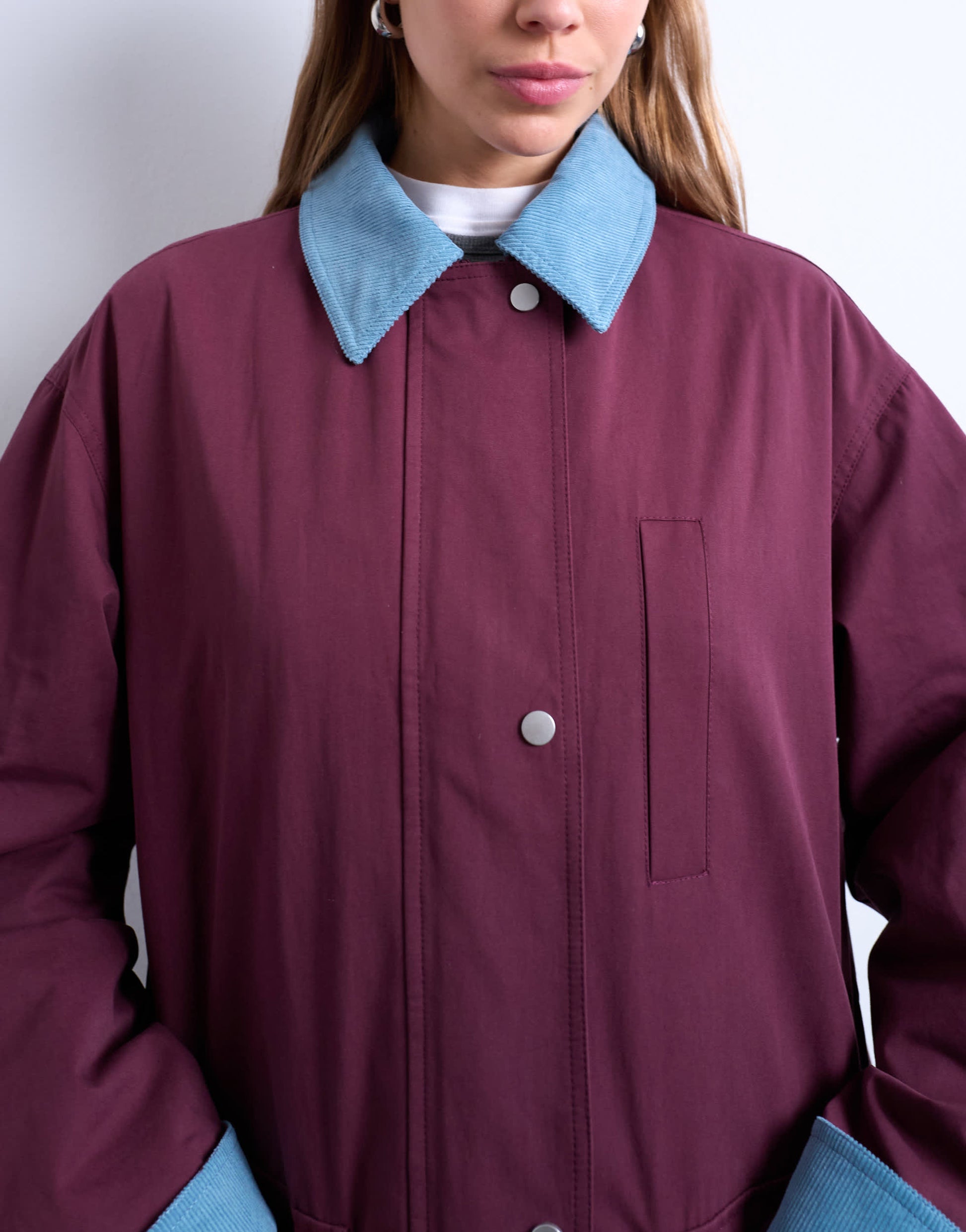 Topshop contrast collar longline shacket in burgundy
