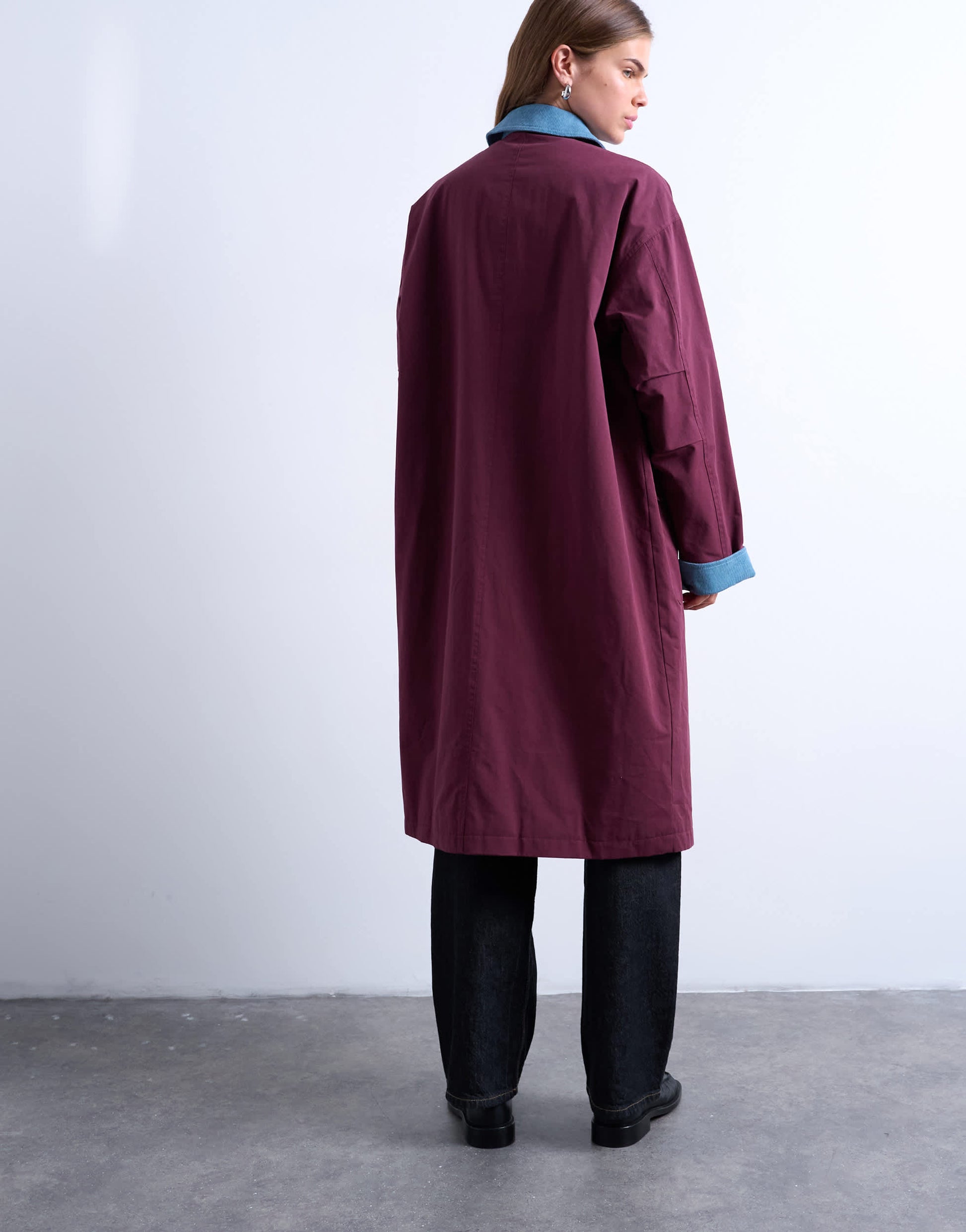 Topshop contrast collar longline shacket in burgundy