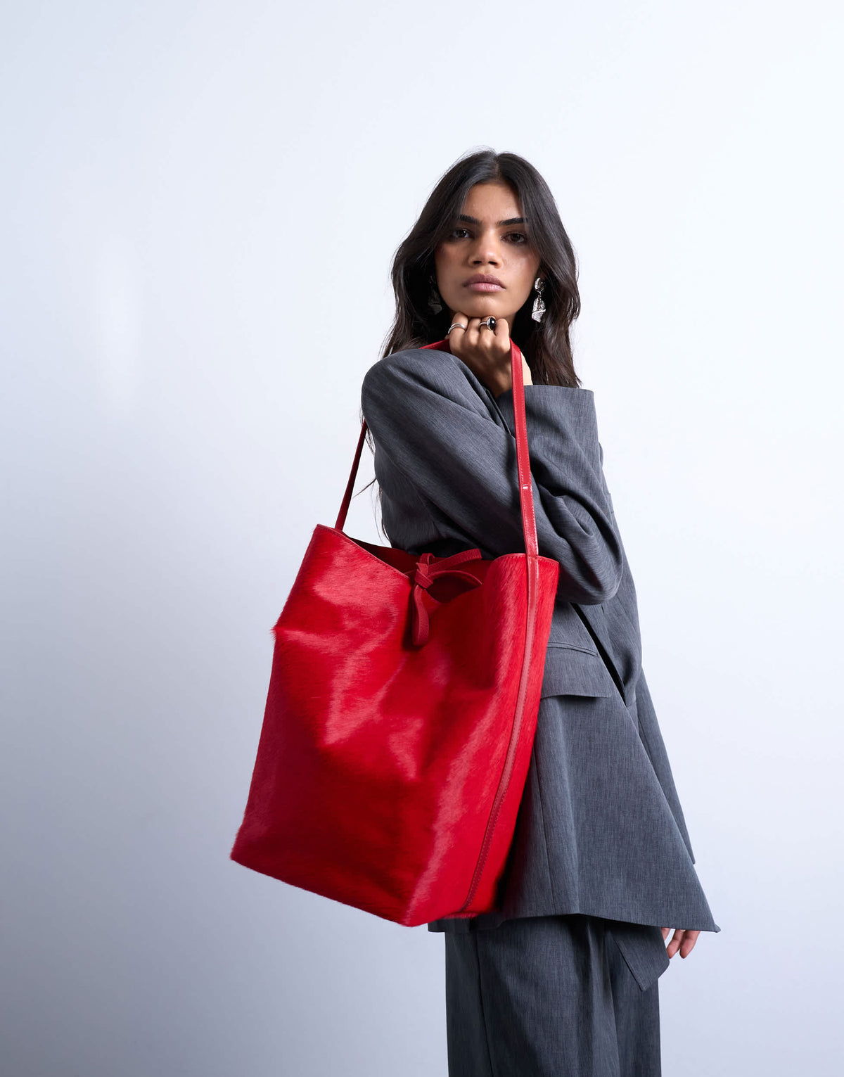 Topshop Luna hair on real leather tote bag in red
