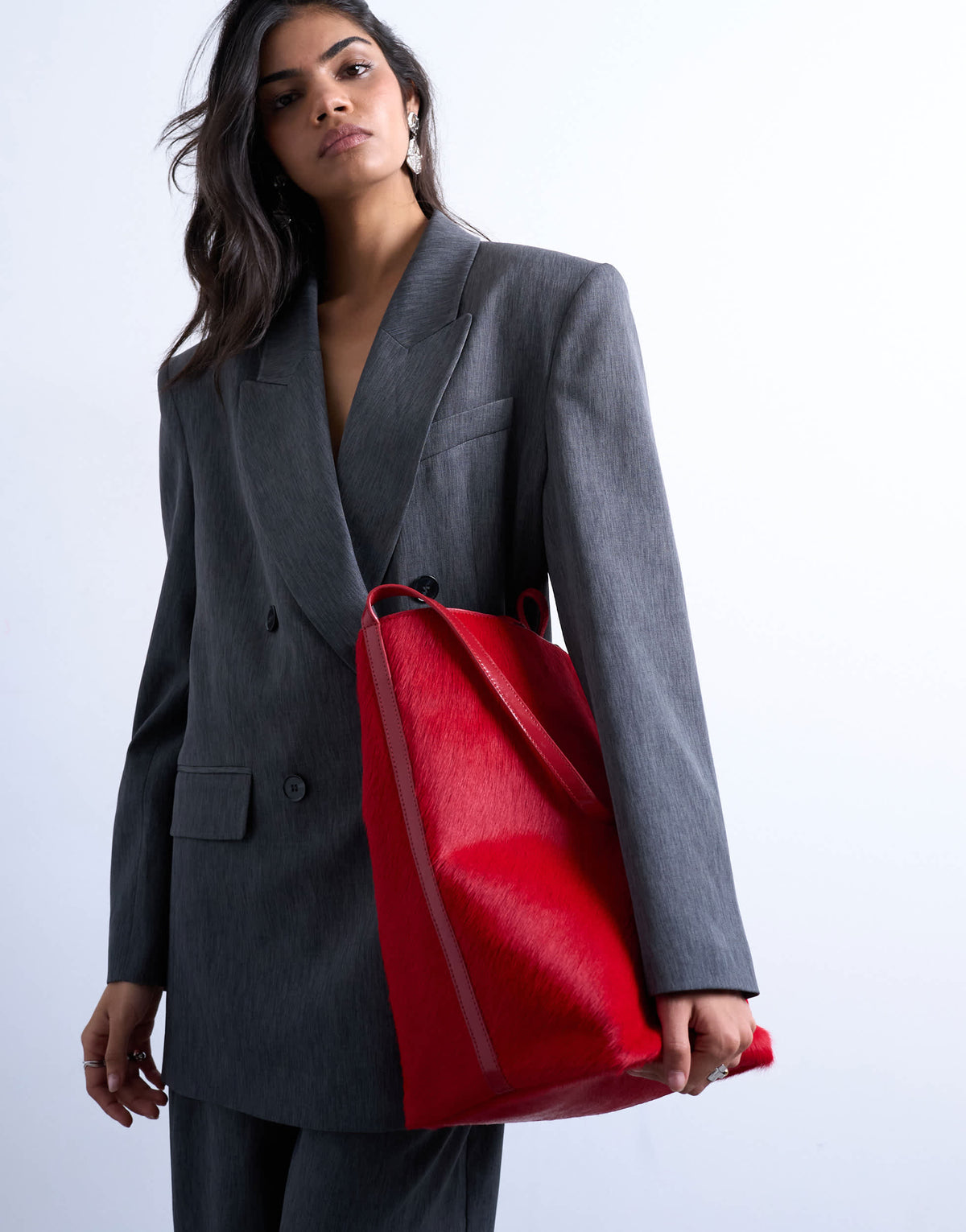 Topshop Luna hair on real leather tote bag in red