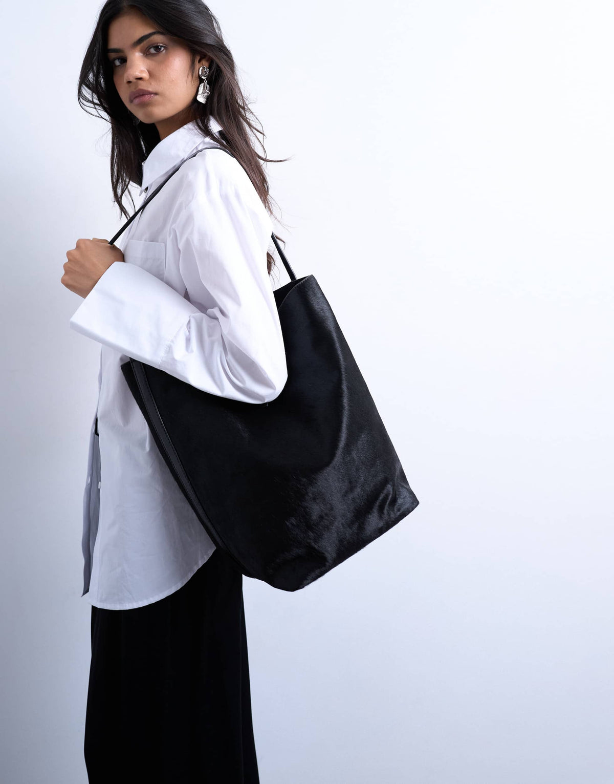 Topshop Luna large hair on real leather tote bag in black