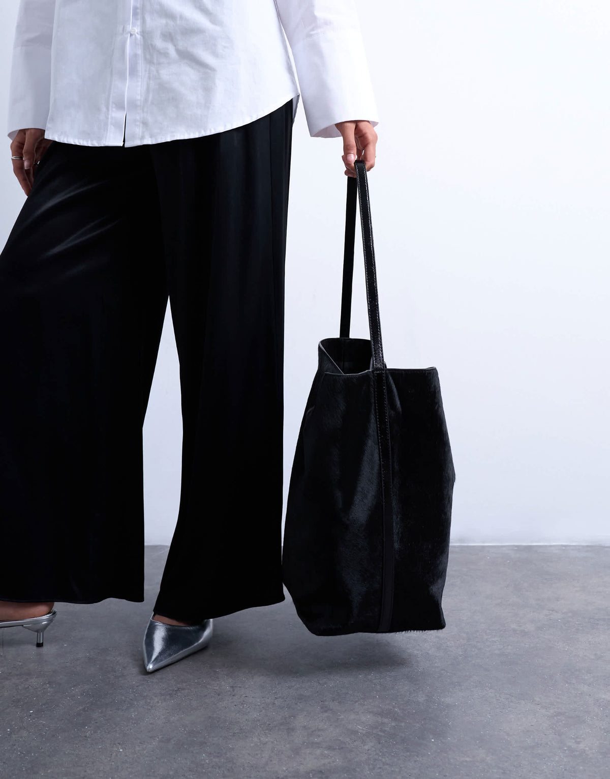 Topshop Luna large hair on real leather tote bag in black