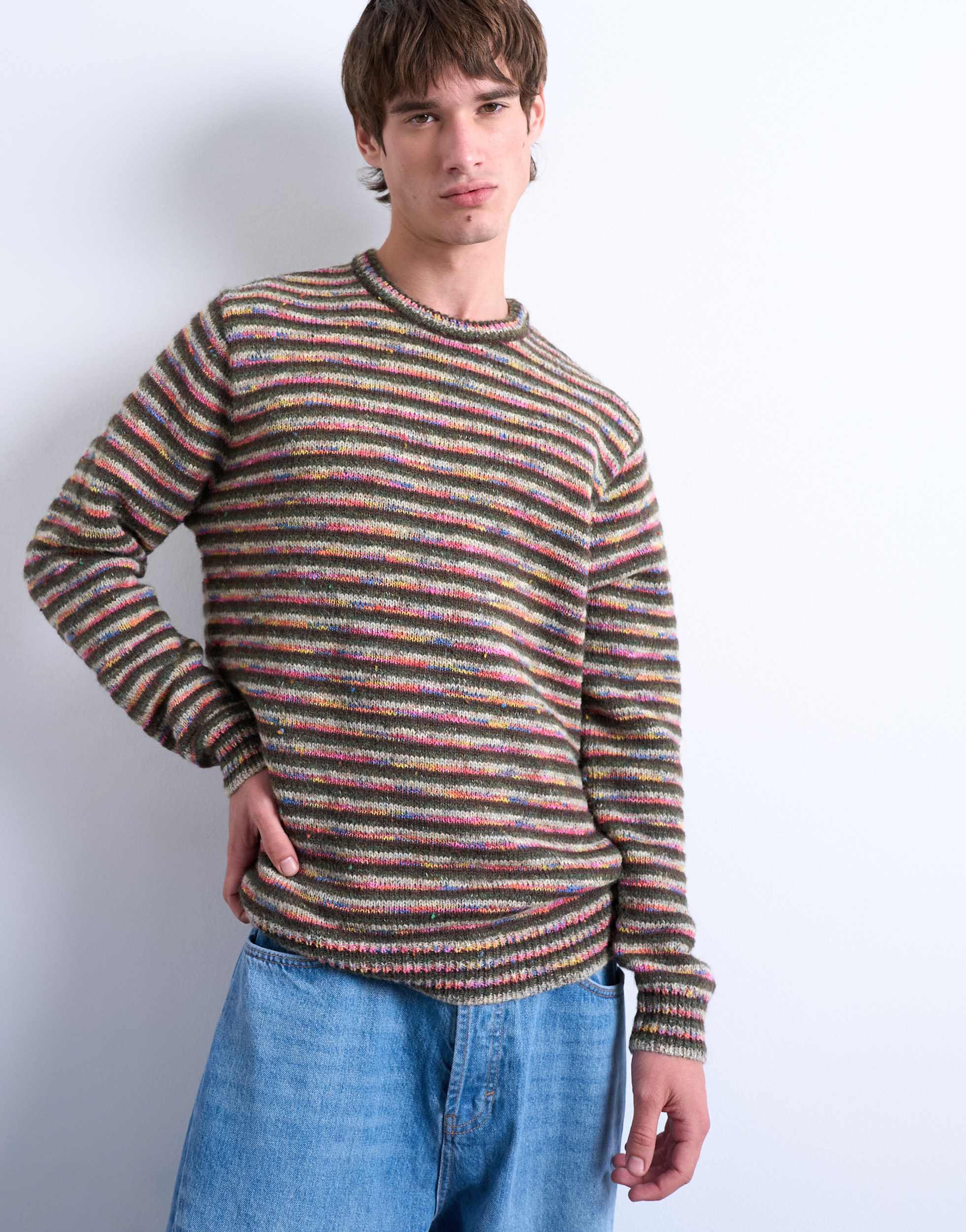 Topman regular fit knitted twist stripe jumper in khaki
