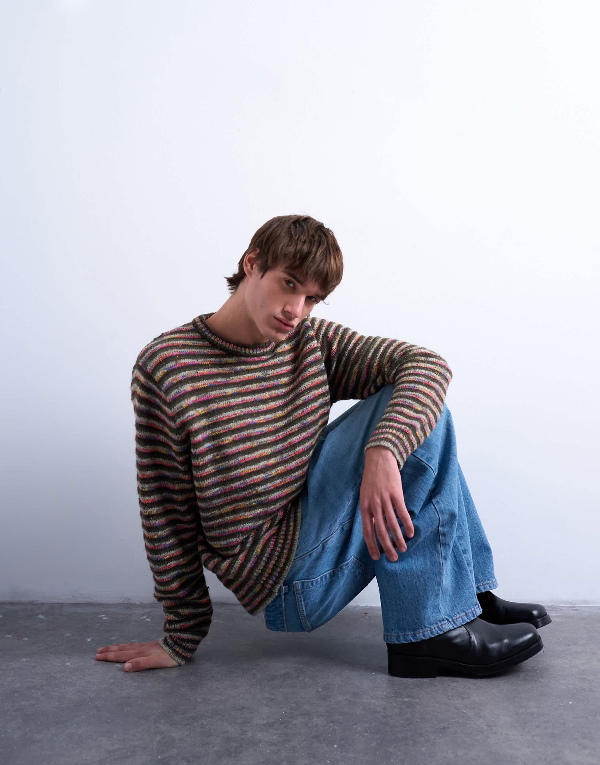 Topman regular fit knitted twist stripe jumper in khaki