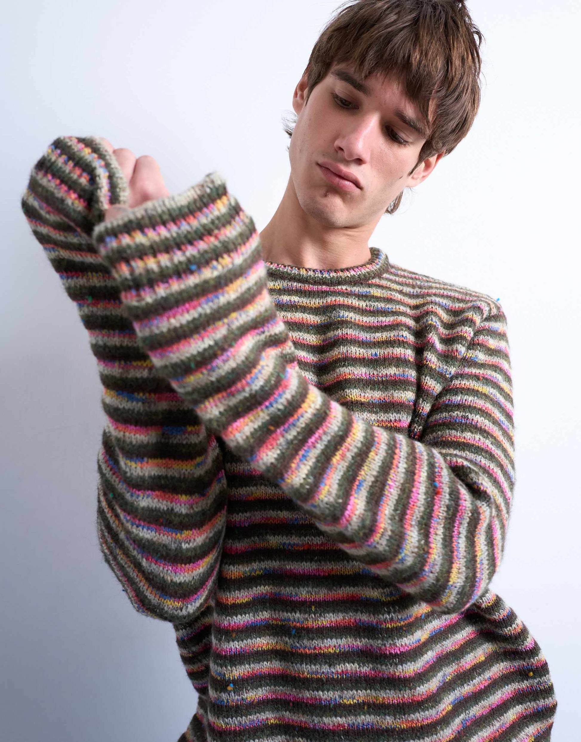 Topman regular fit knitted twist stripe jumper in khaki