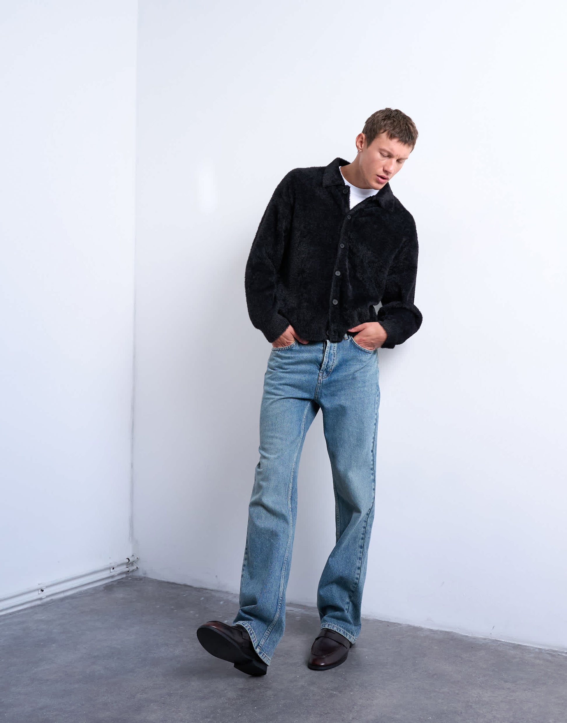 Topman fluffy knit cardigan in black