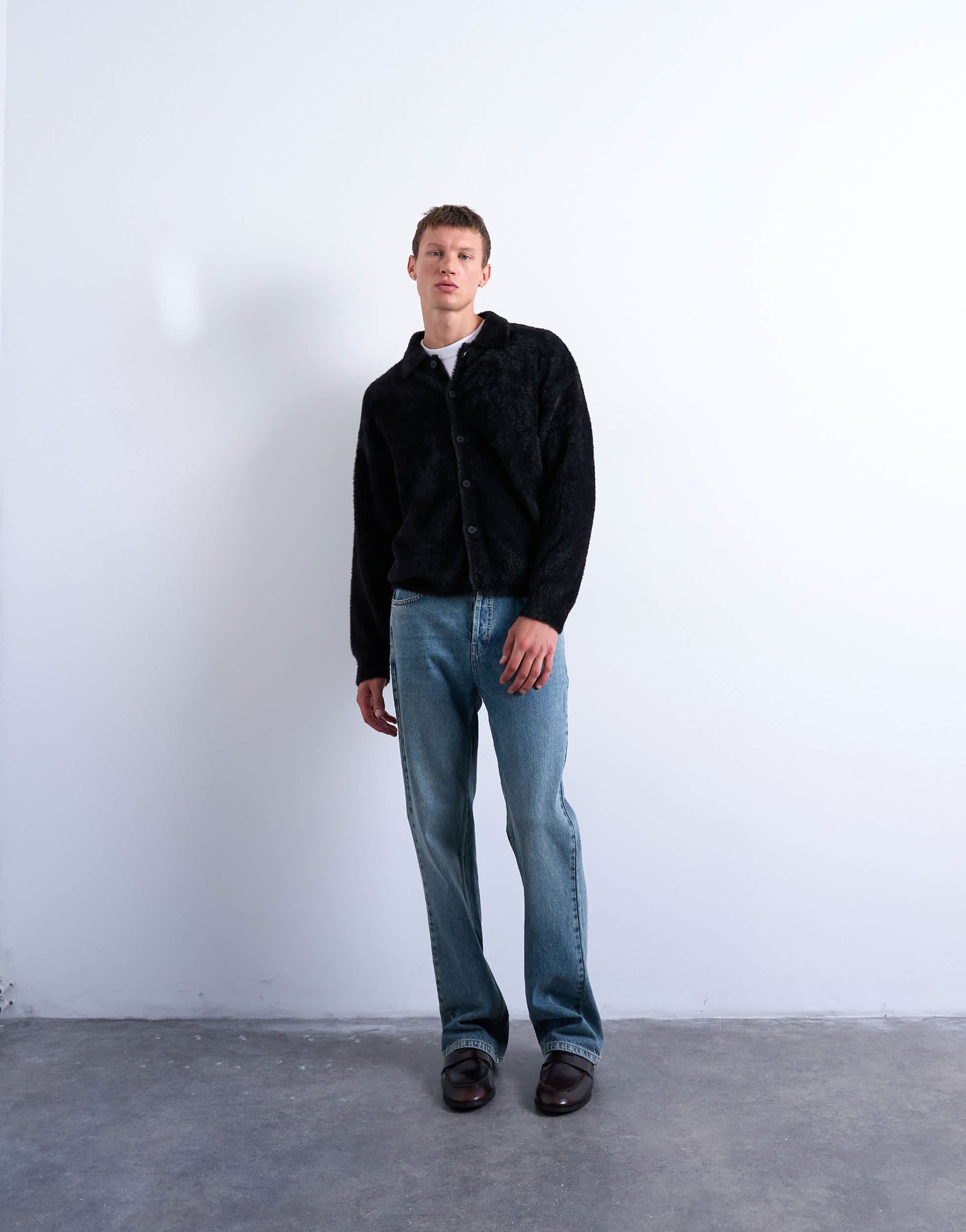 Topman fluffy knit cardigan in black