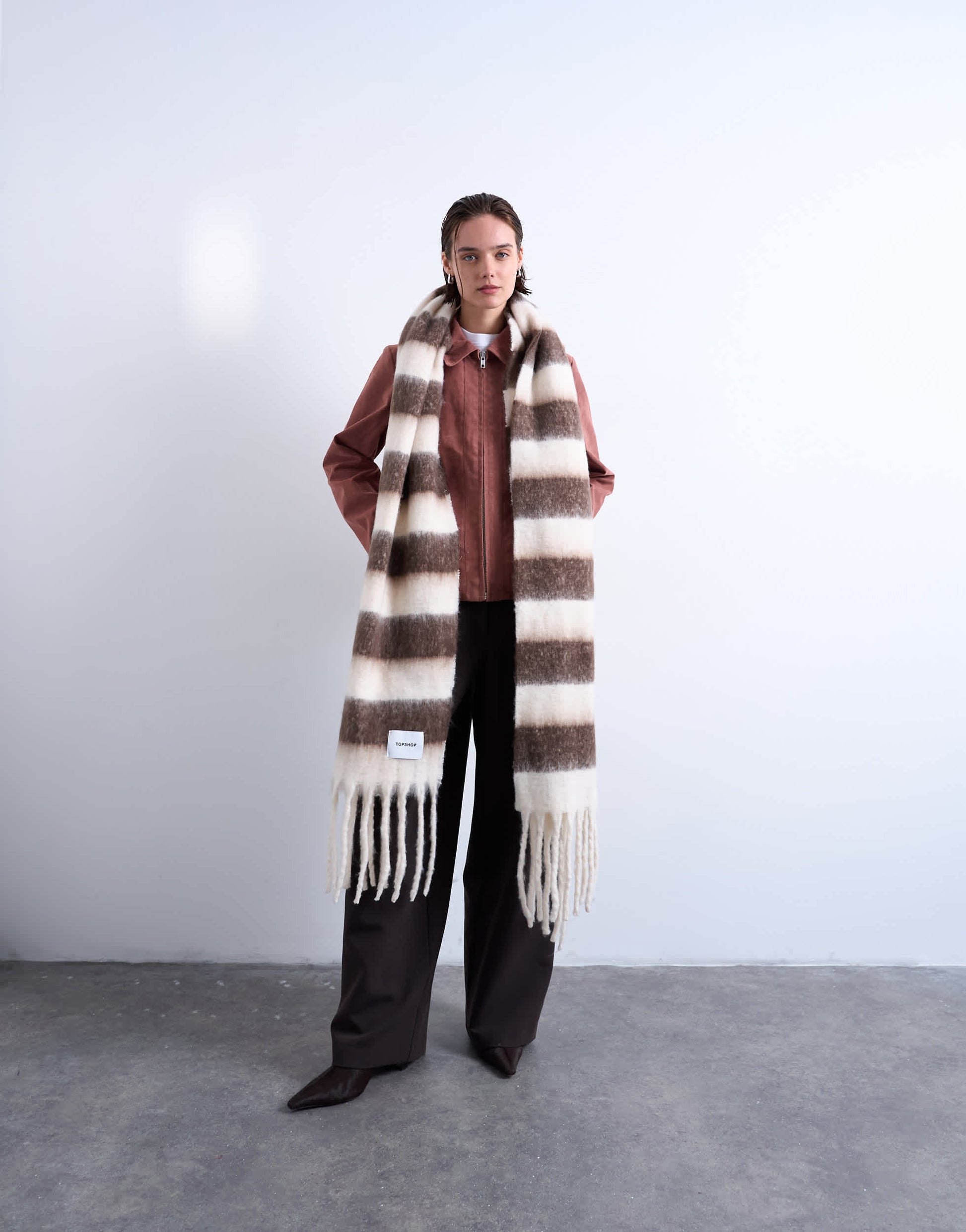 Topshop Sydney blanket scarf in brown & white stripe