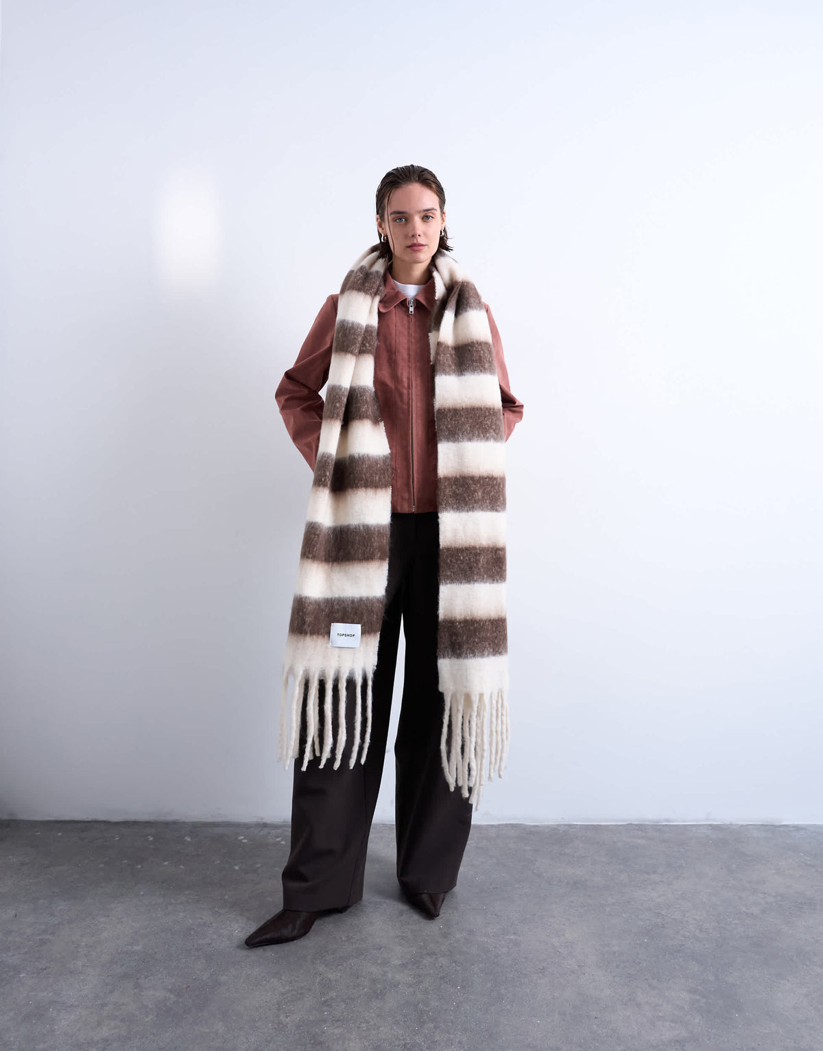 Topshop Sydney blanket scarf in brown & white stripe