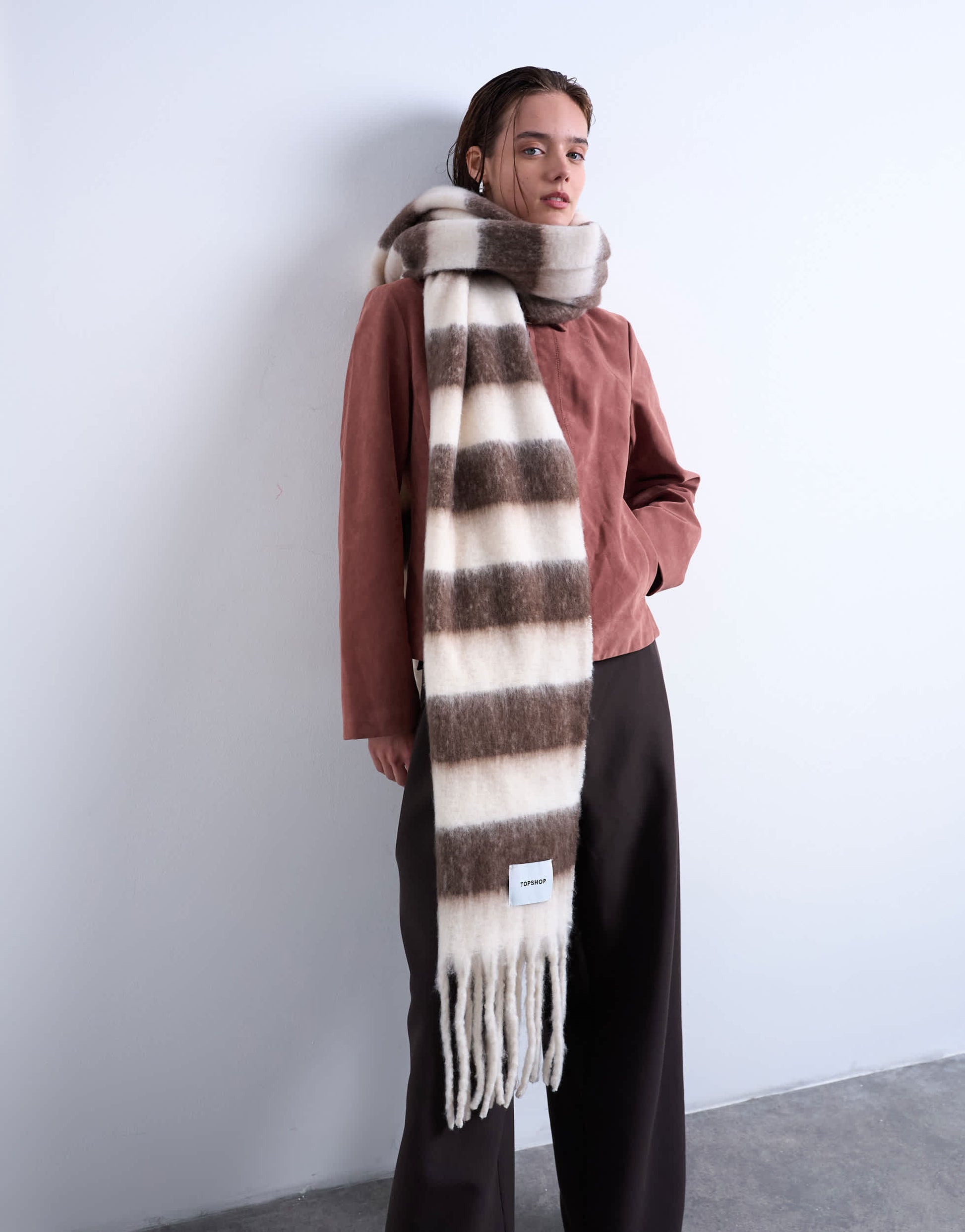 Topshop Sydney blanket scarf in brown & white stripe