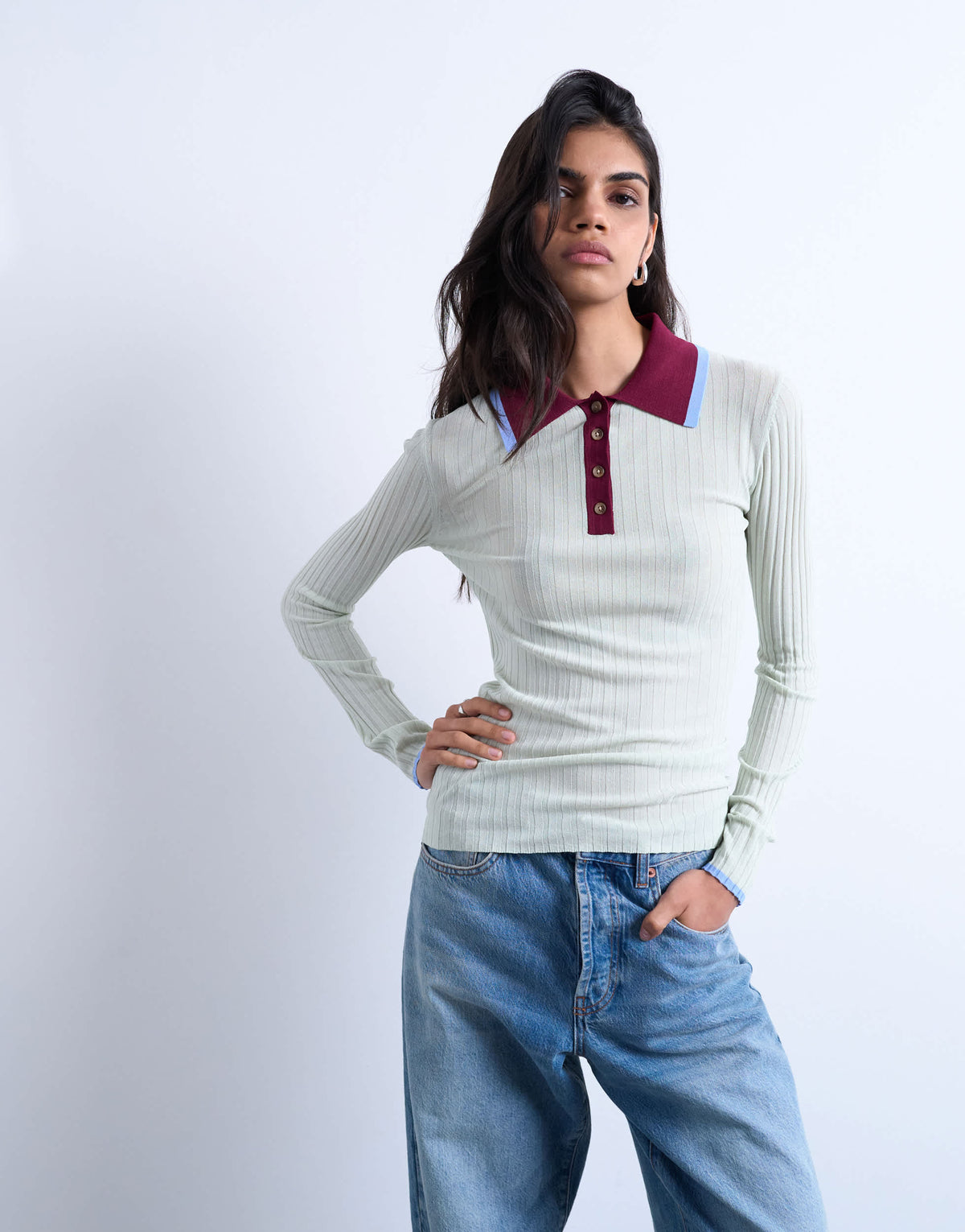 Topshop knitted contrast collar sheer rib polo in mint