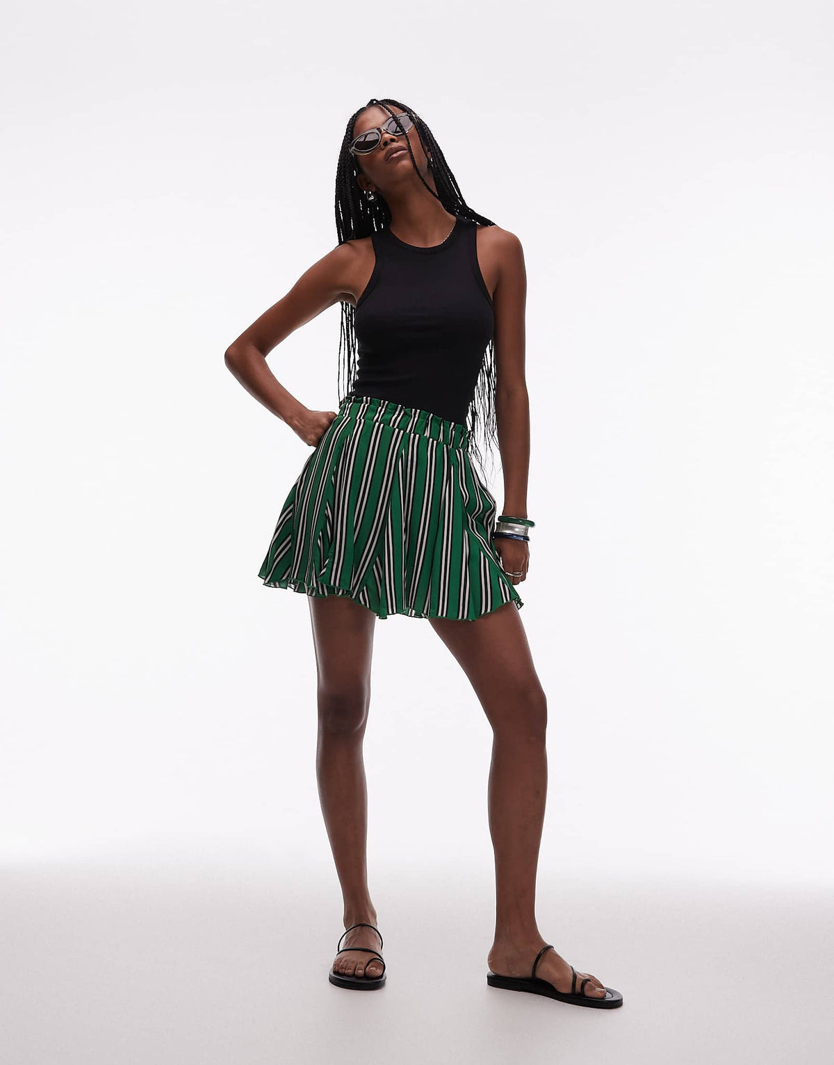 Topshop cotton flippy mini skirt with godets in green stripe