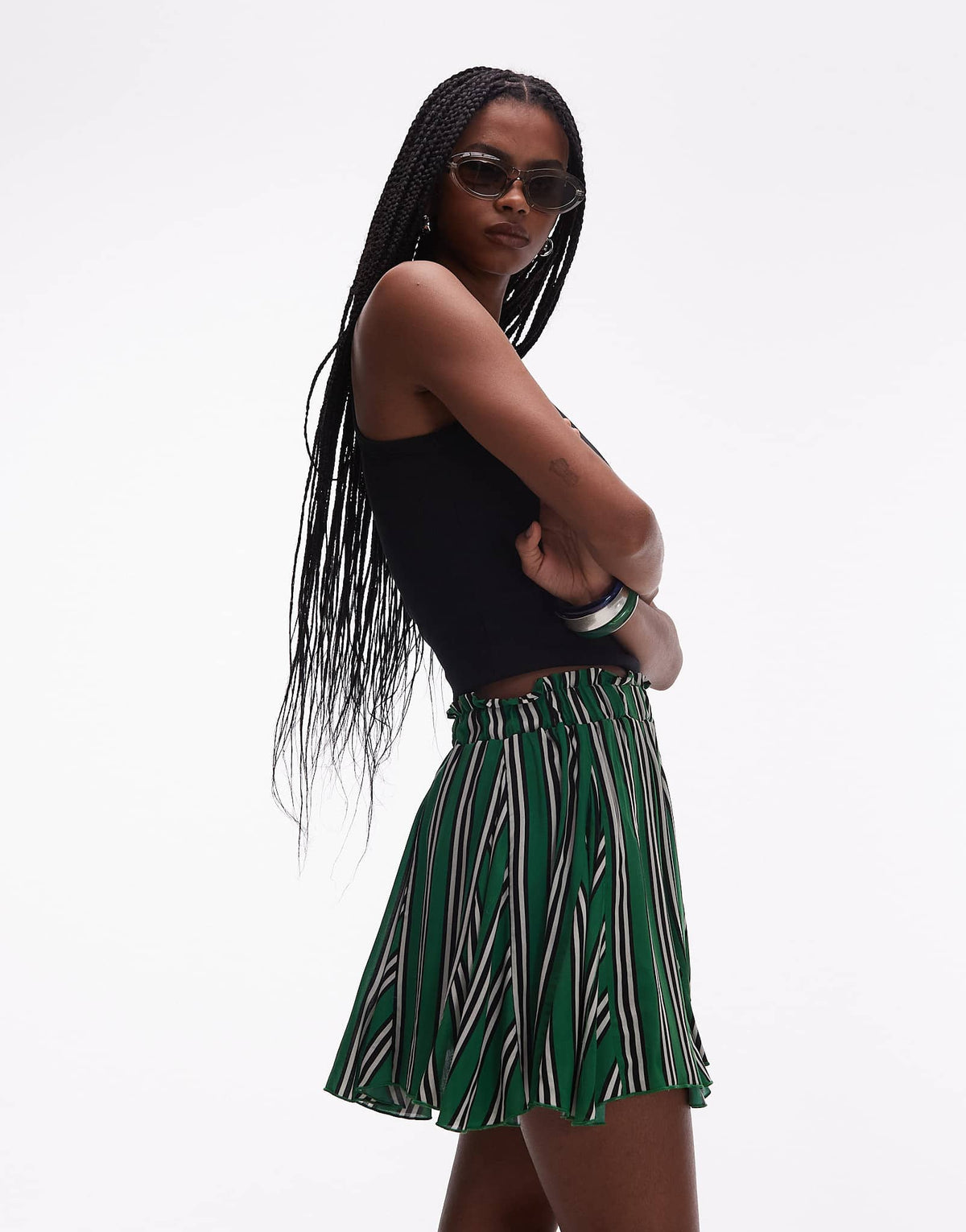 Topshop cotton flippy mini skirt with godets in green stripe