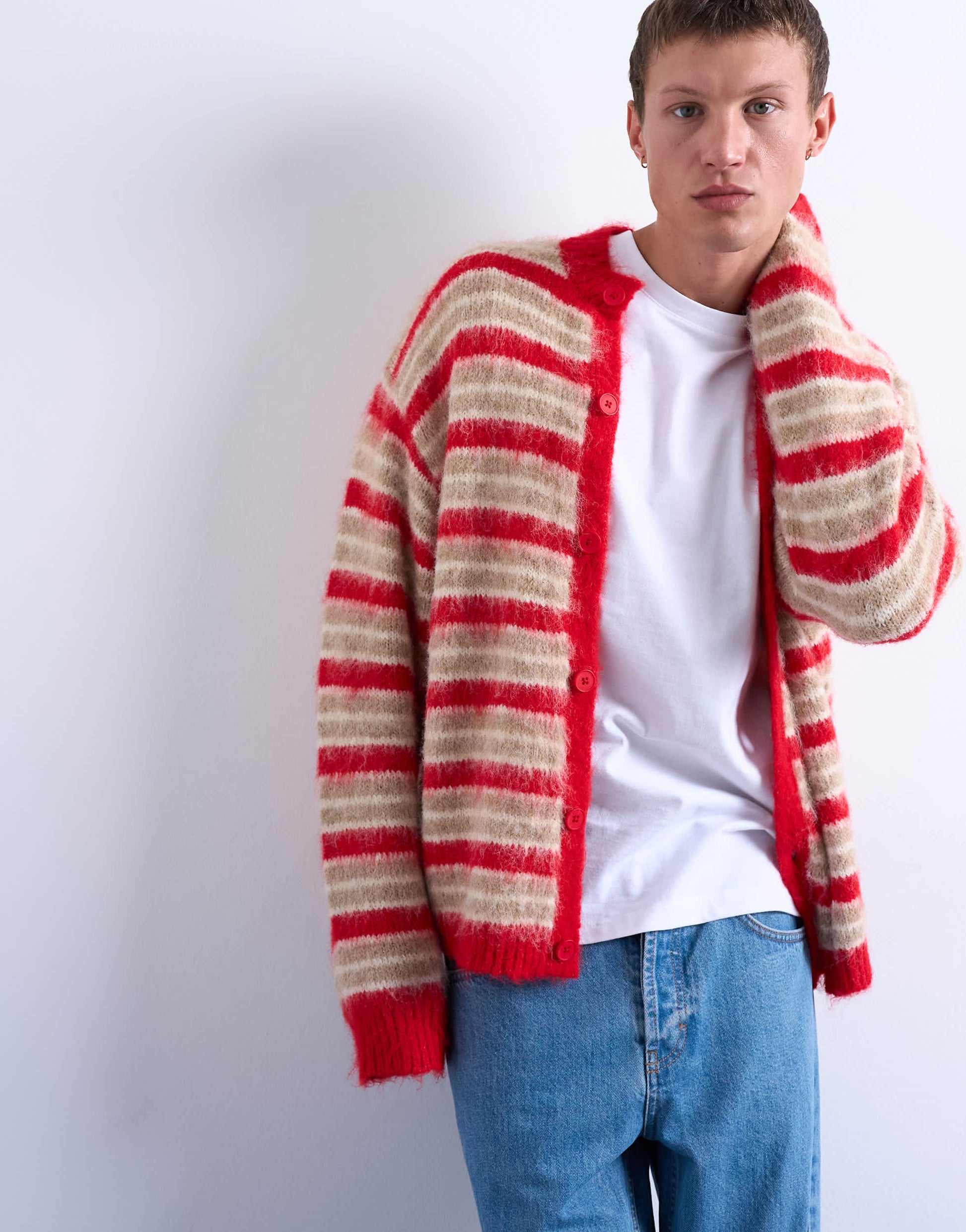 Topman fluffy stripe crew cardigan red