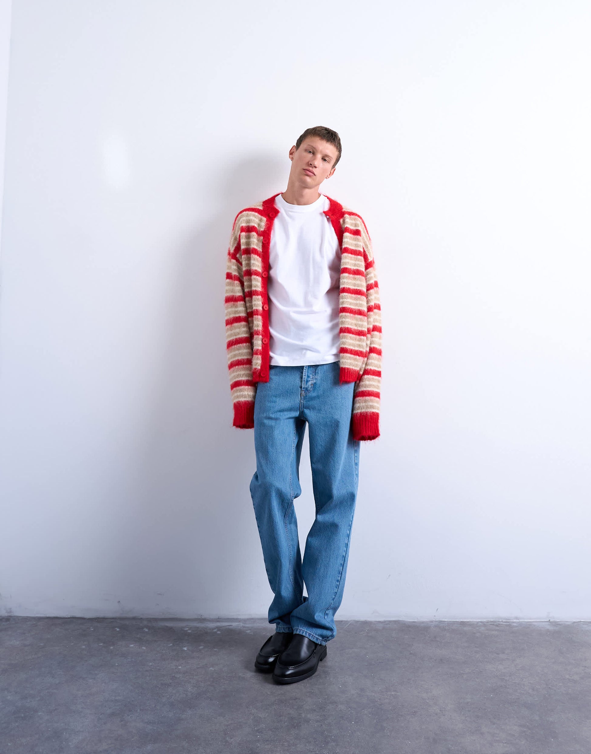 Topman fluffy stripe crew cardigan red