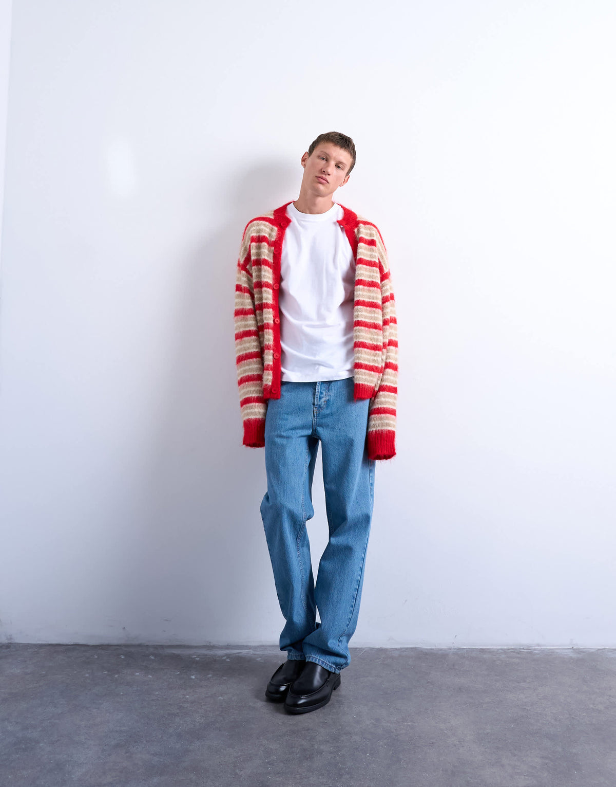 Topman fluffy stripe crew cardigan red
