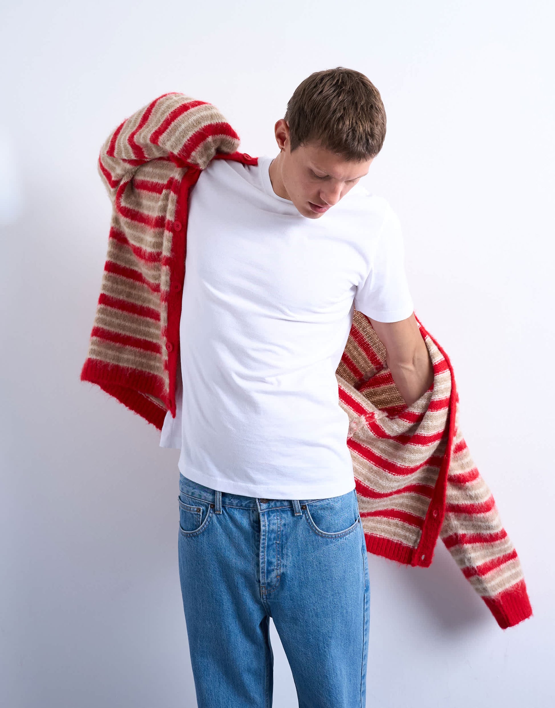Topman fluffy stripe crew cardigan red