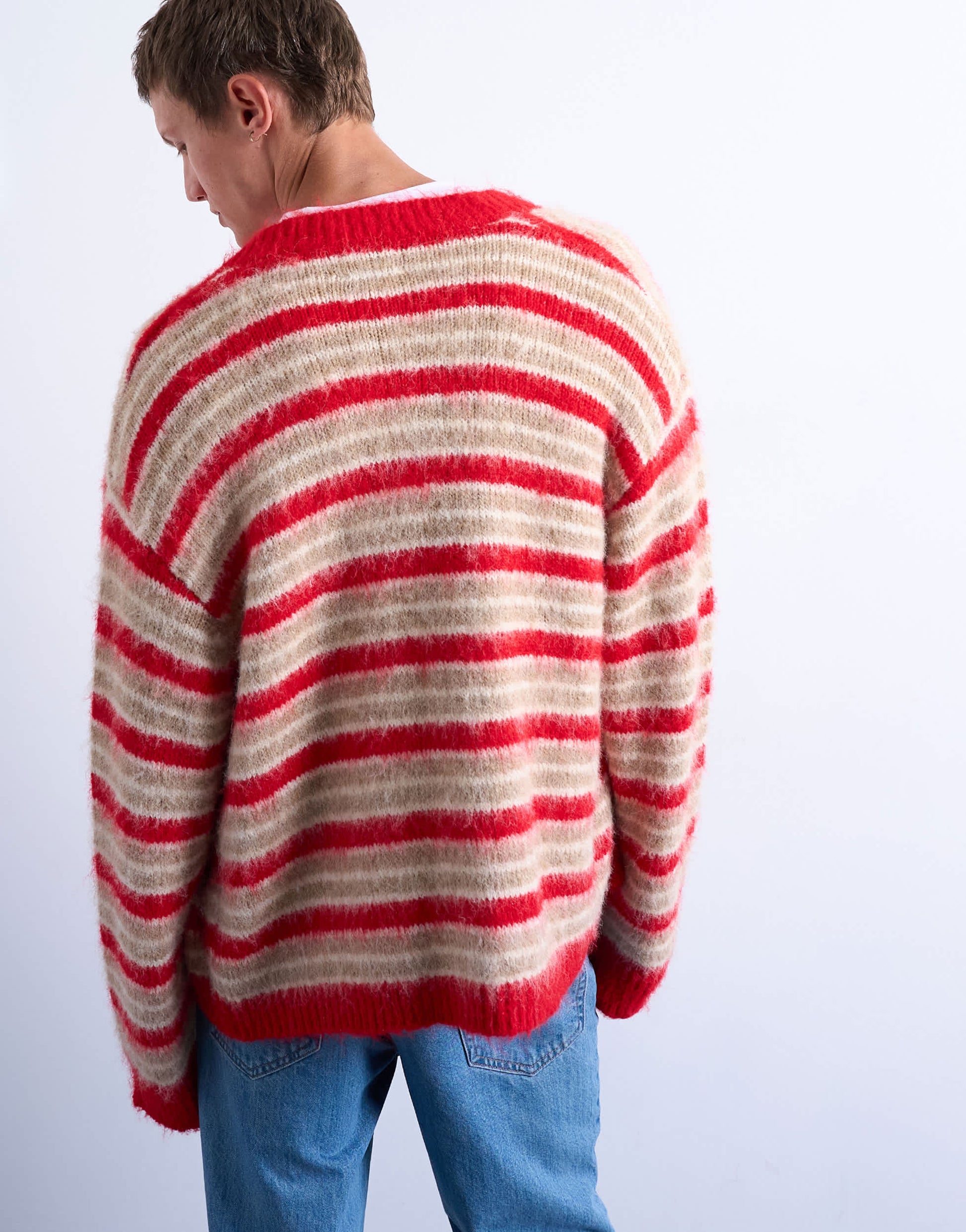 Topman fluffy stripe crew cardigan red