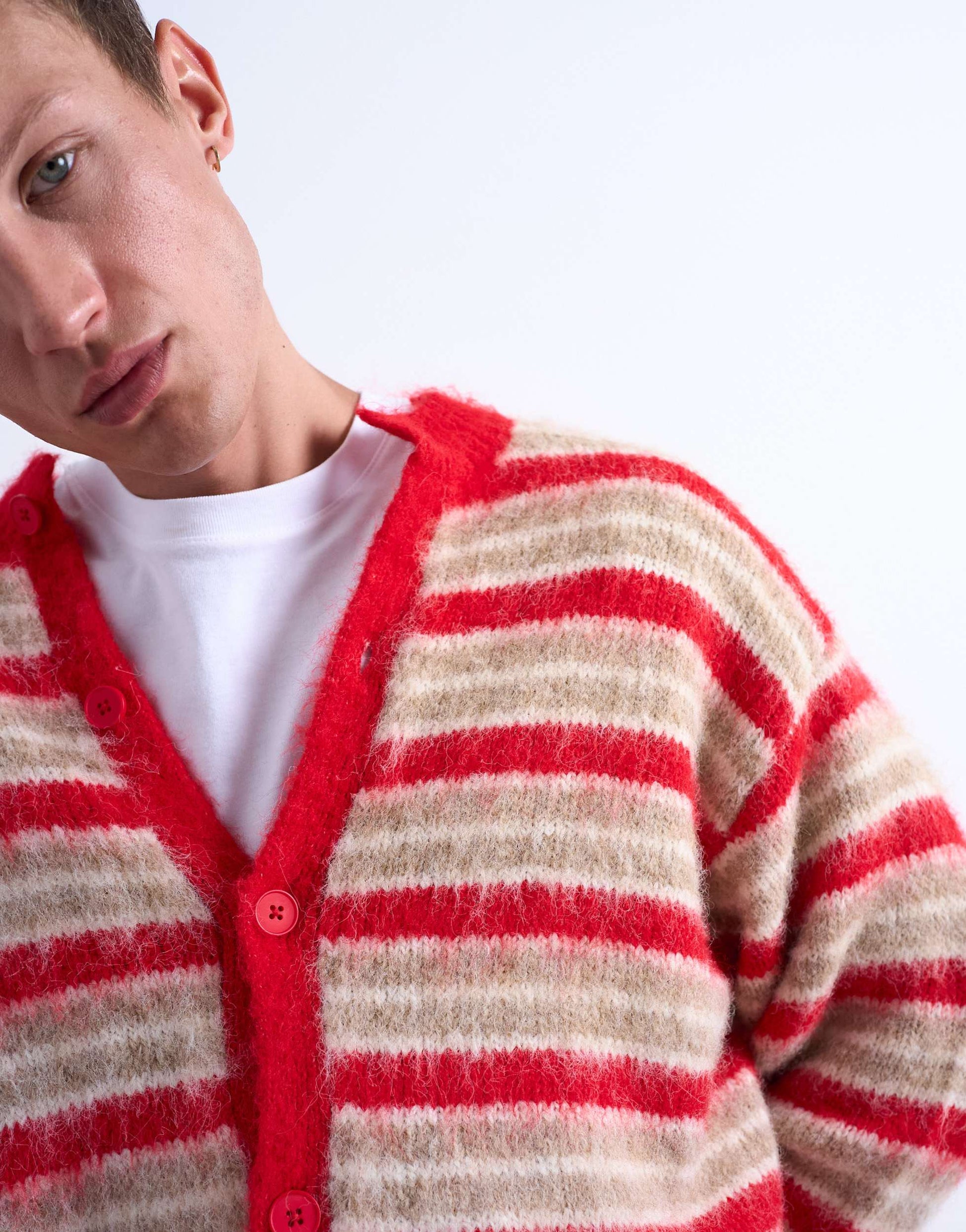 Topman fluffy stripe crew cardigan red