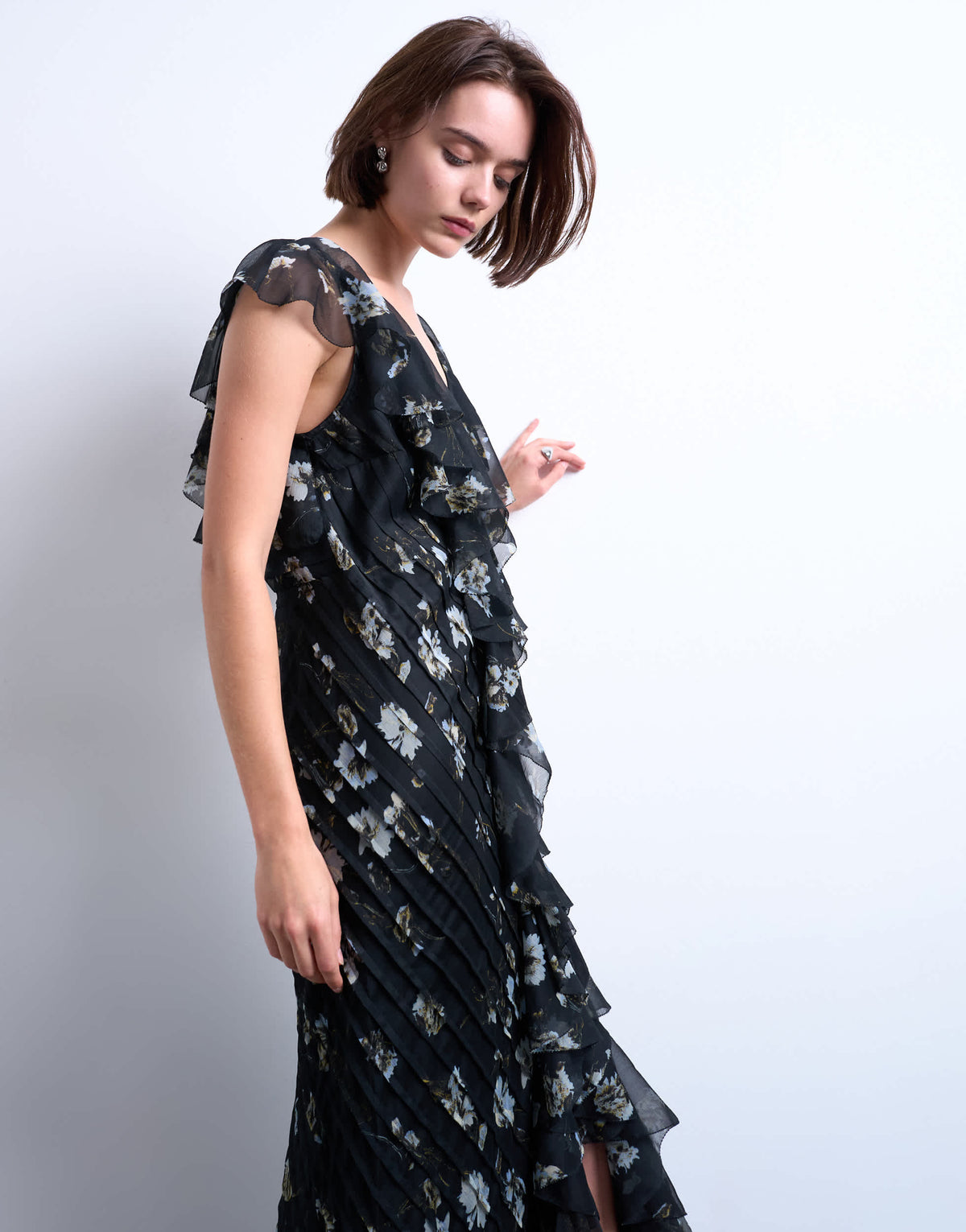 Topshop premium ruffle pintuck gown in falling lilac flowers