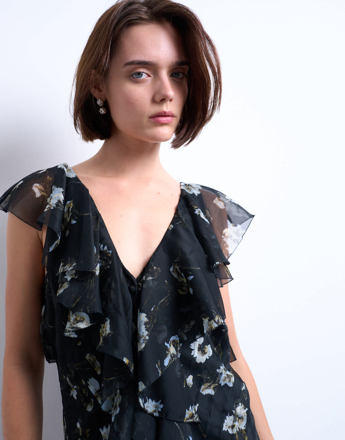 Topshop premium ruffle pintuck gown in falling lilac flowers