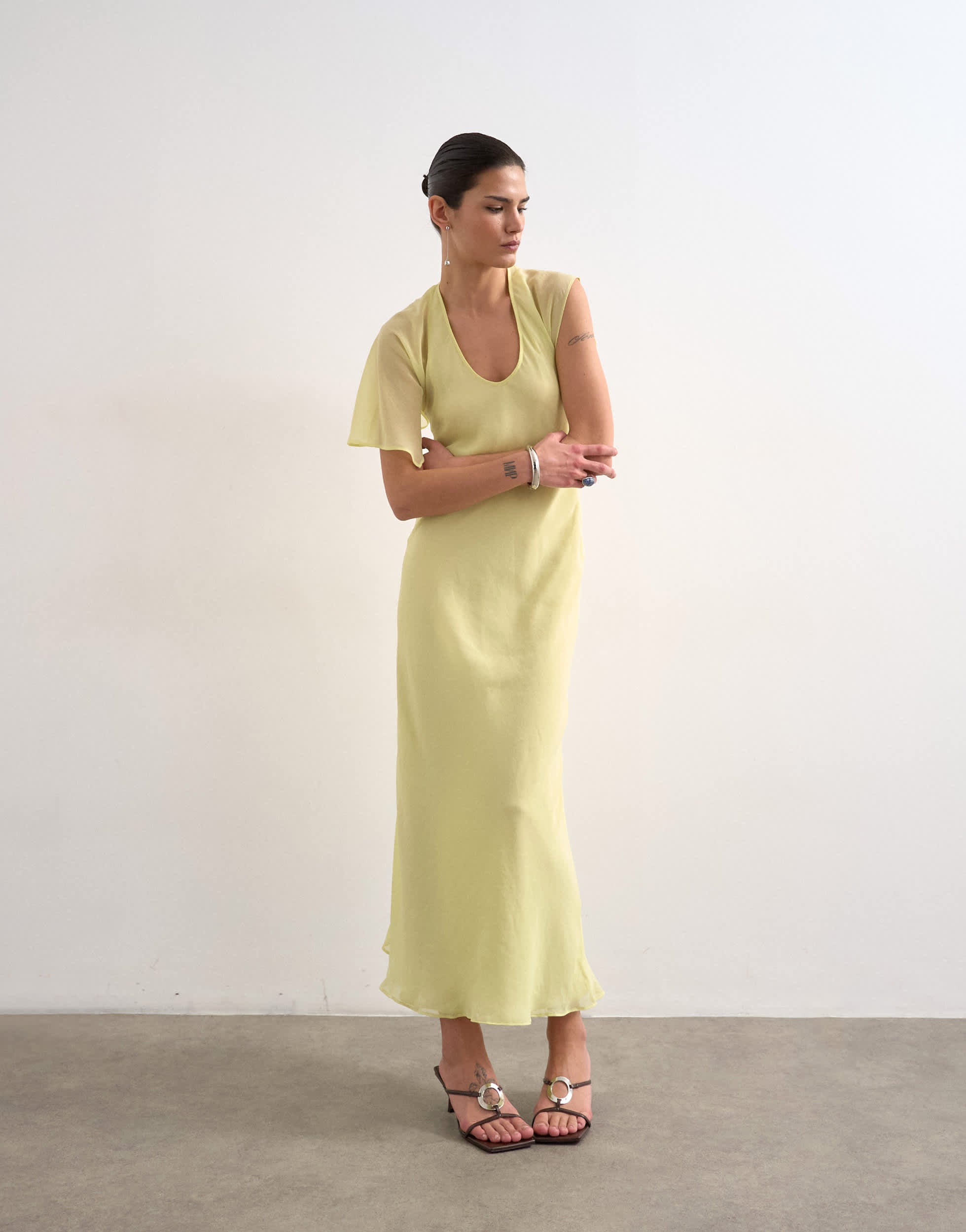 Topshop asymmetric flutter sleeve maxi dress with seaming in lemon
