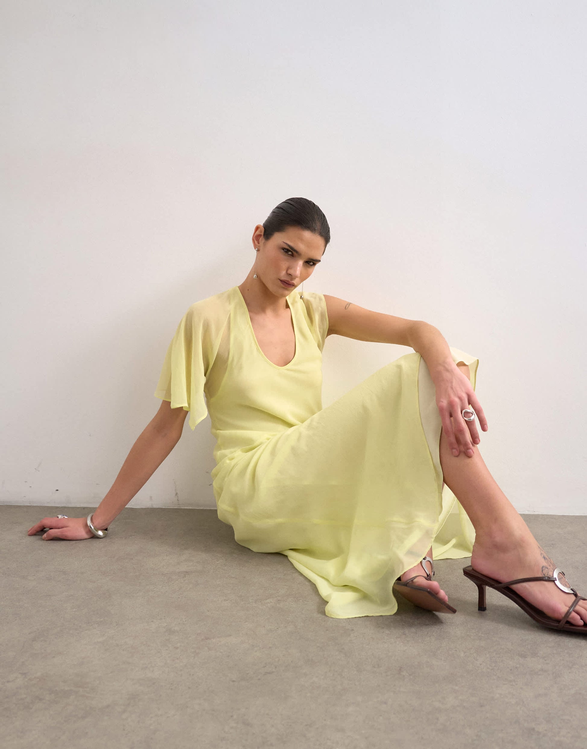 Topshop asymmetric flutter sleeve maxi dress with seaming in lemon