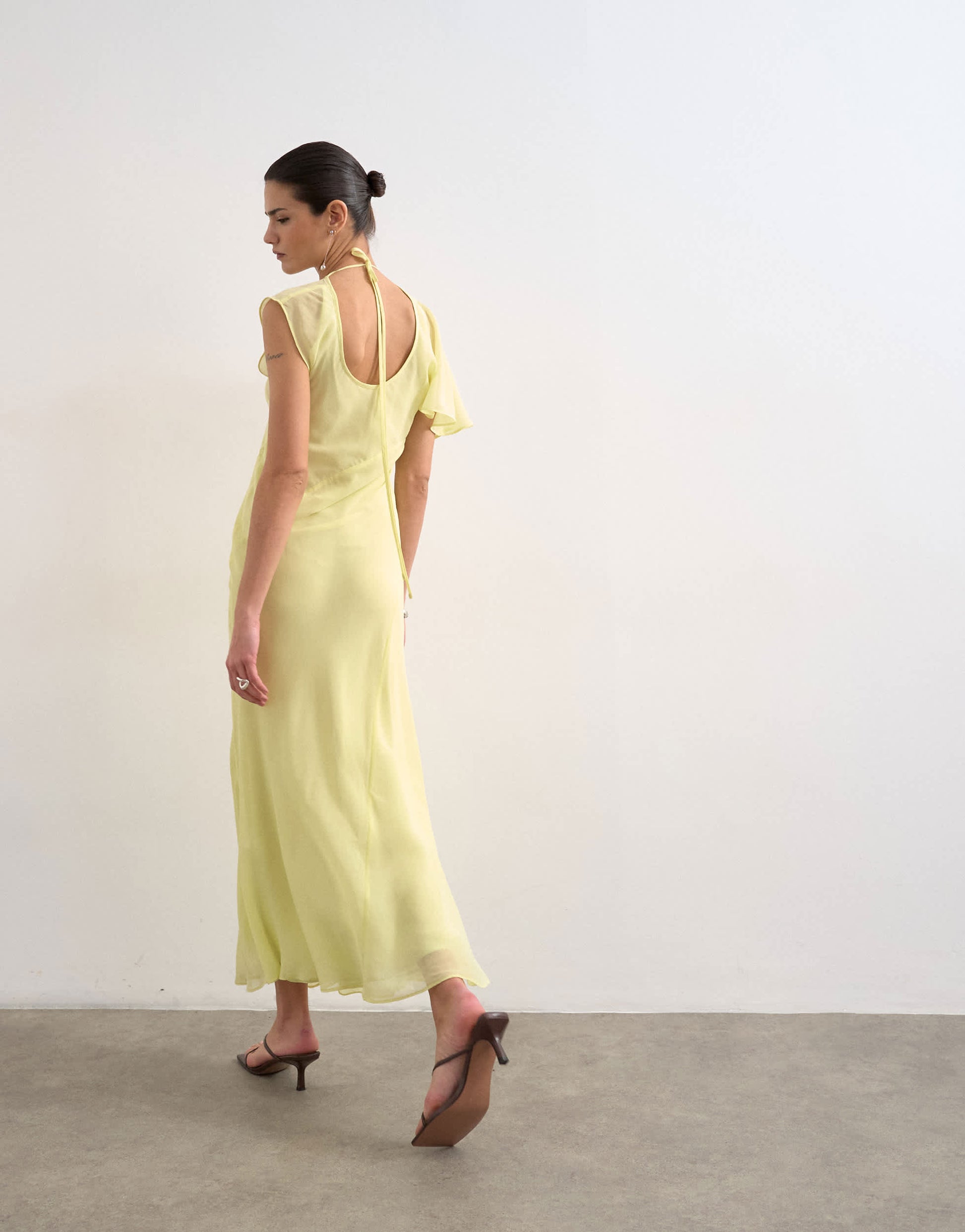 Topshop asymmetric flutter sleeve maxi dress with seaming in lemon