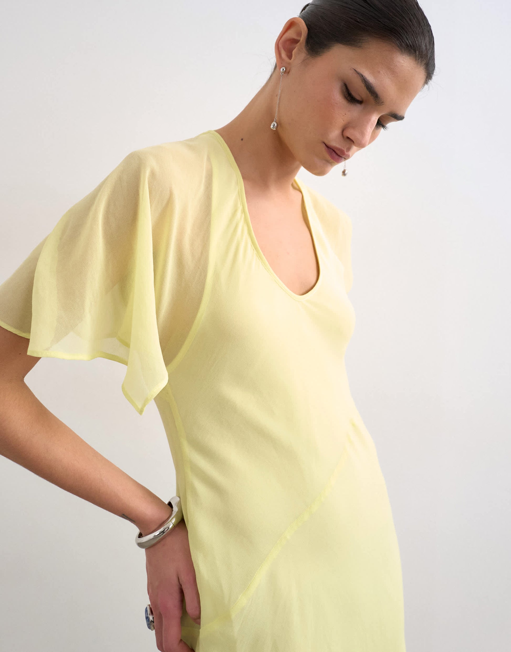 Topshop asymmetric flutter sleeve maxi dress with seaming in lemon