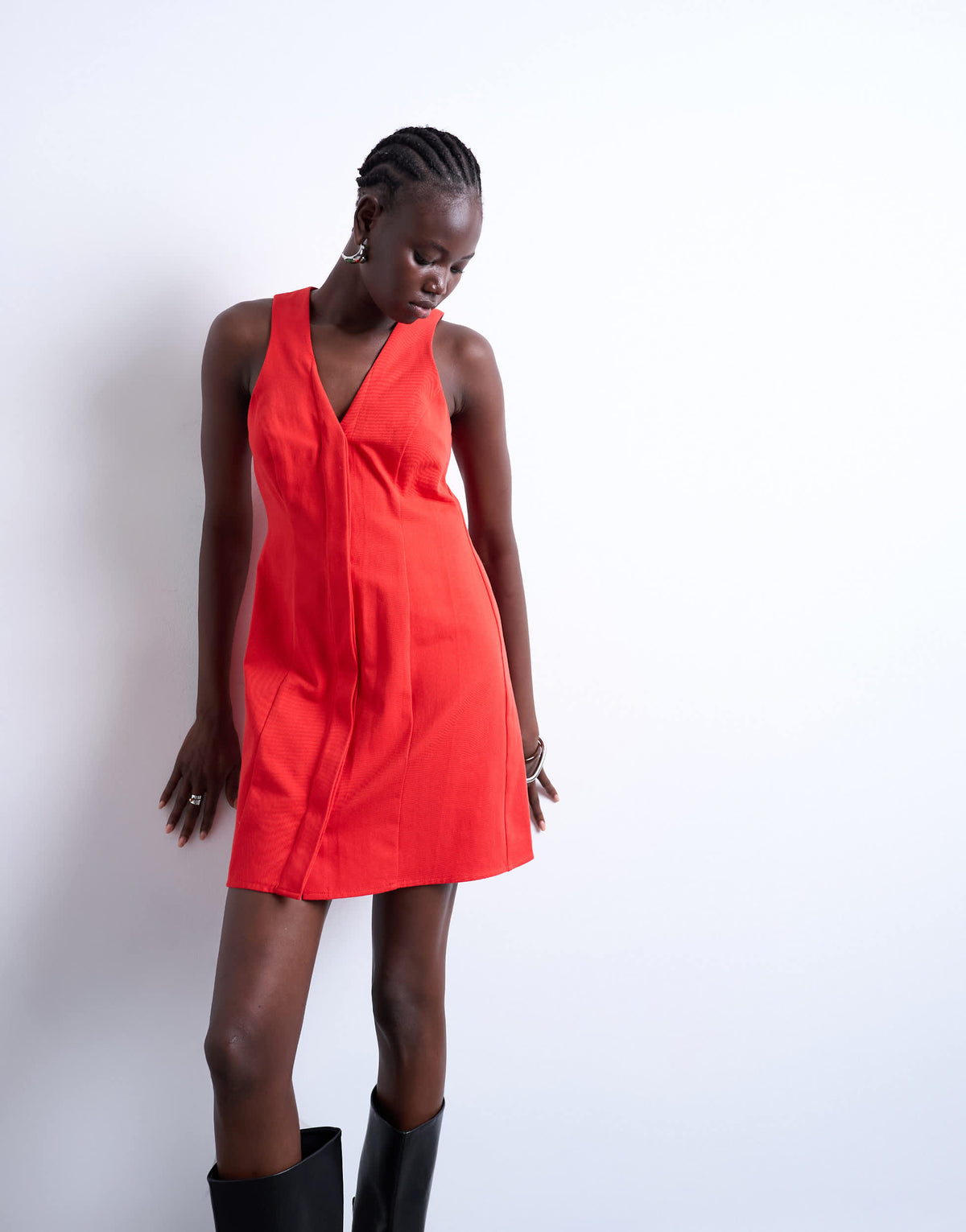 Topshop v neck clean placket structured mini dress in red
