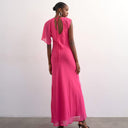 Topshop asymmetric flutter sleeve maxi dress with seaming in pink