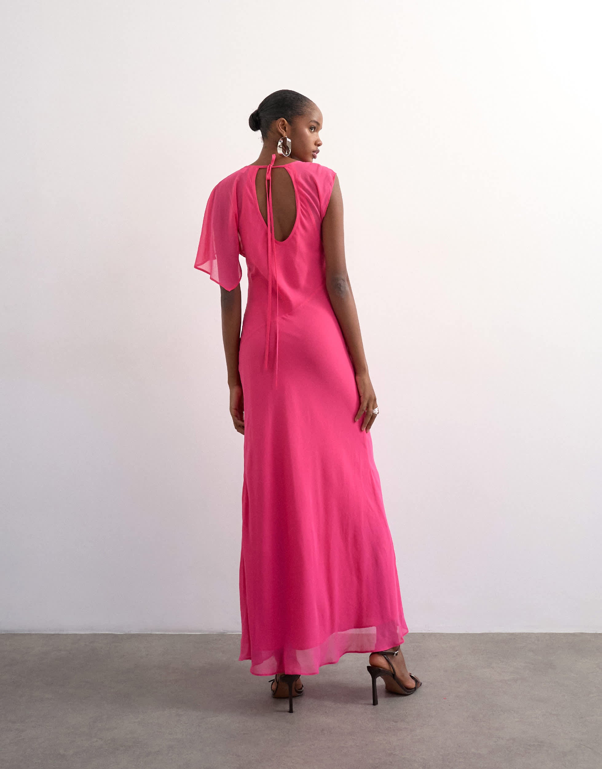 Topshop asymmetric flutter sleeve maxi dress with seaming in pink