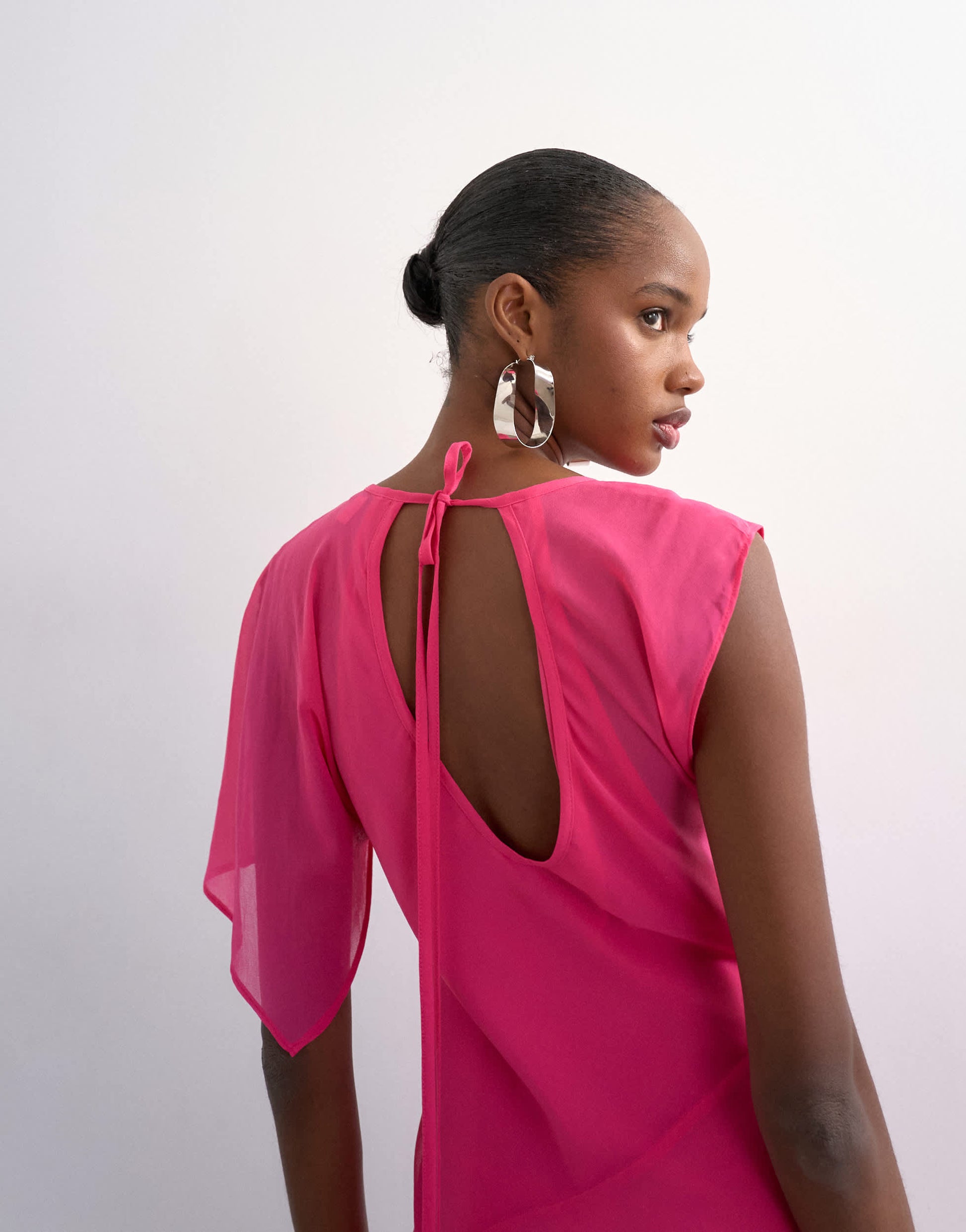 Topshop asymmetric flutter sleeve maxi dress with seaming in pink