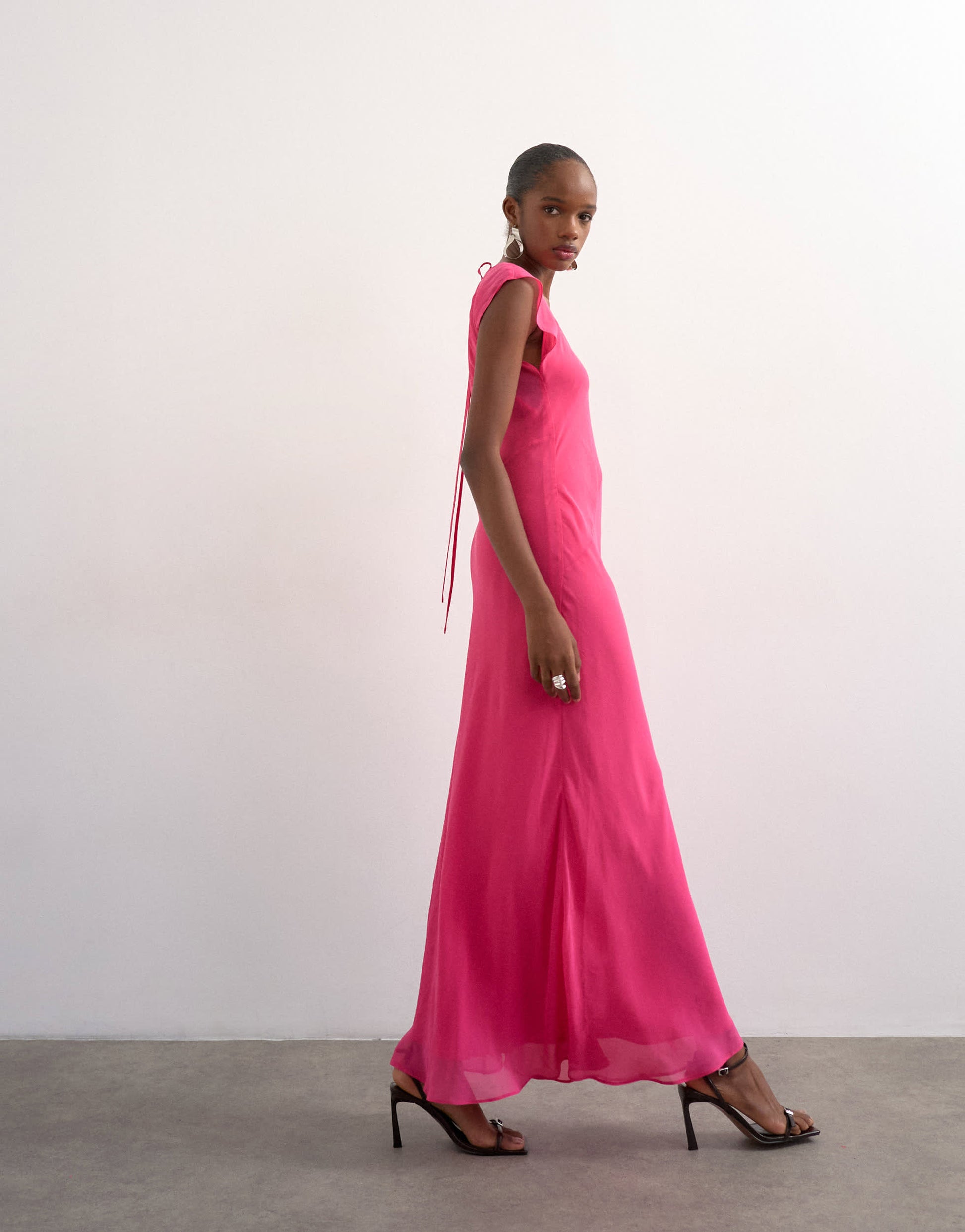 Topshop asymmetric flutter sleeve maxi dress with seaming in pink