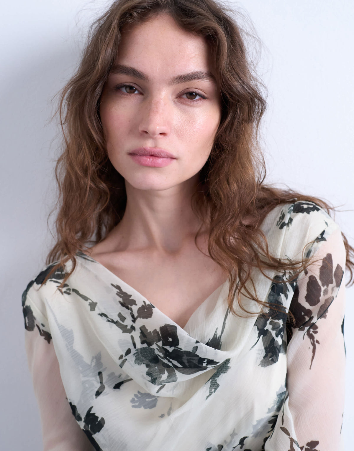 Topshop long sleeve cowl neck mini tea dress in mono floral
