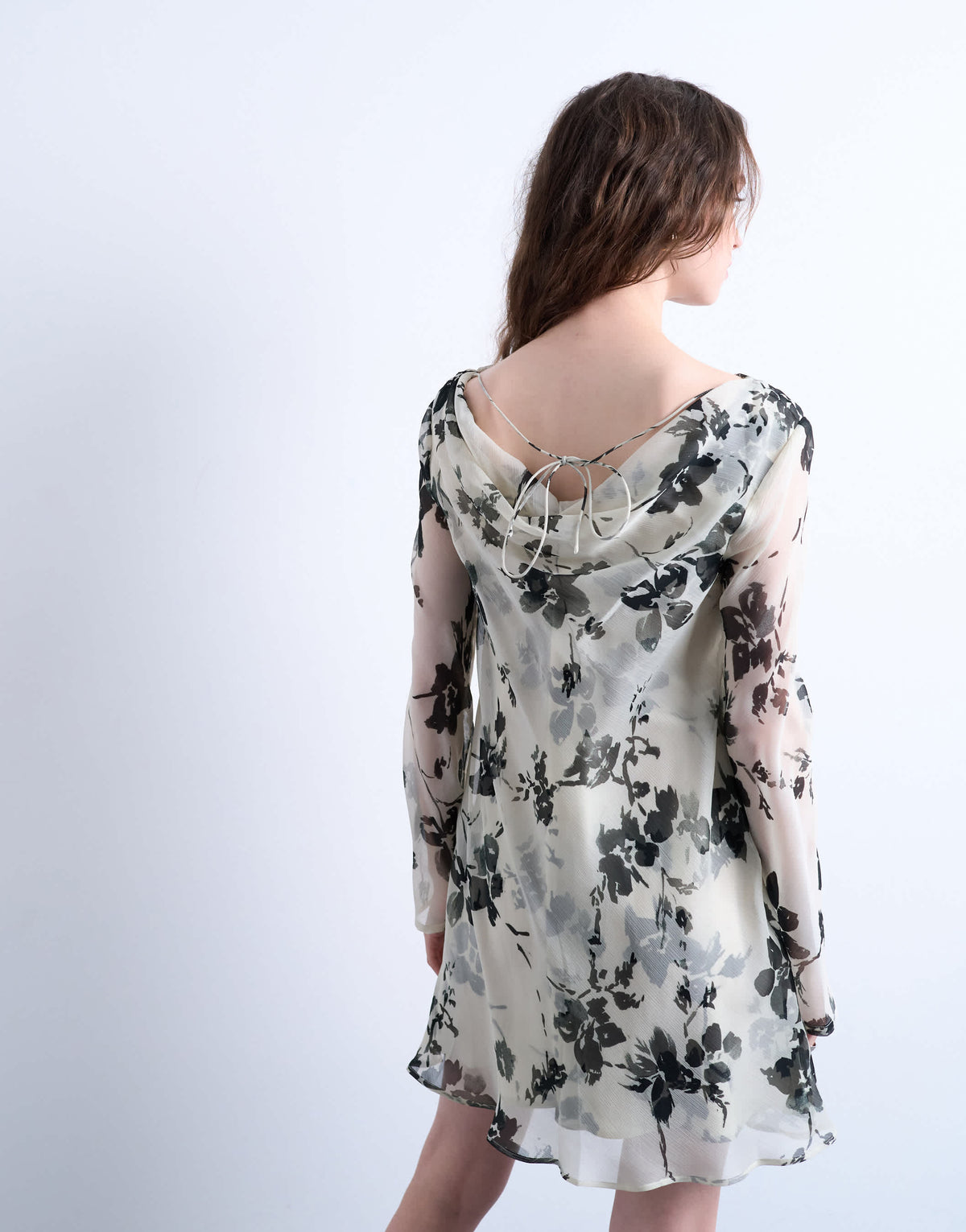 Topshop long sleeve cowl neck mini tea dress in mono floral