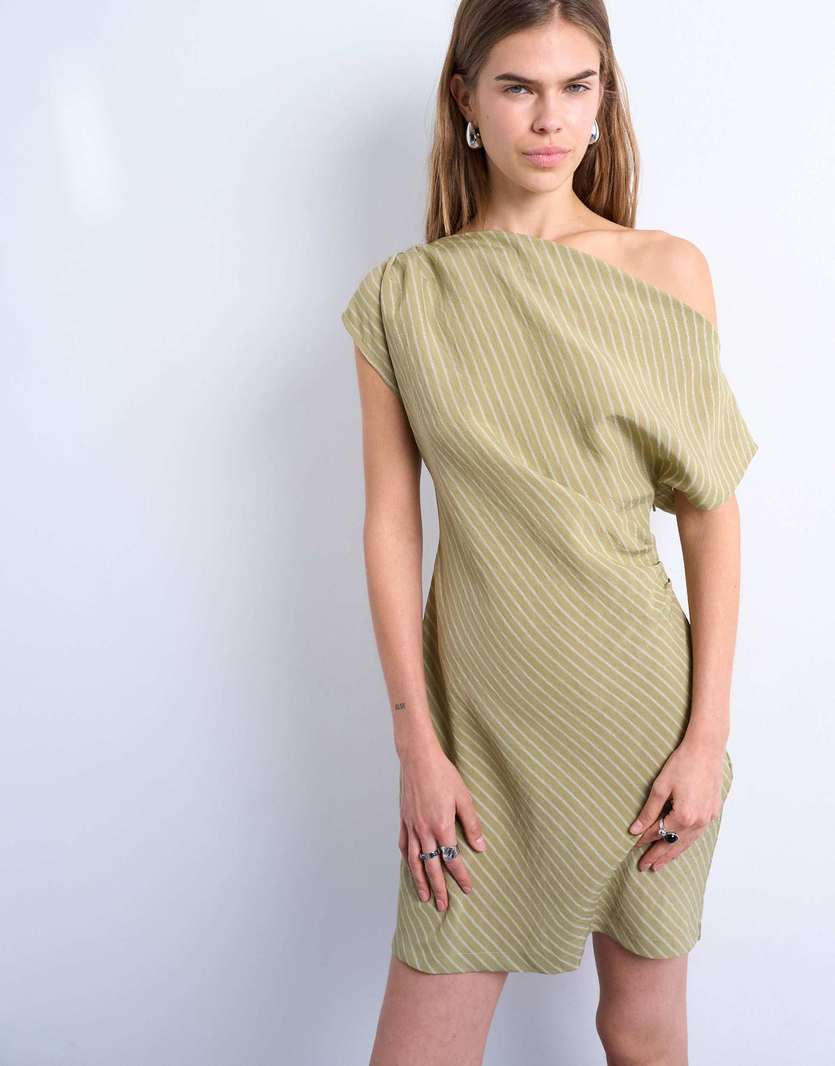 Topshop cinched waist grown on neck mini dress in green stripe