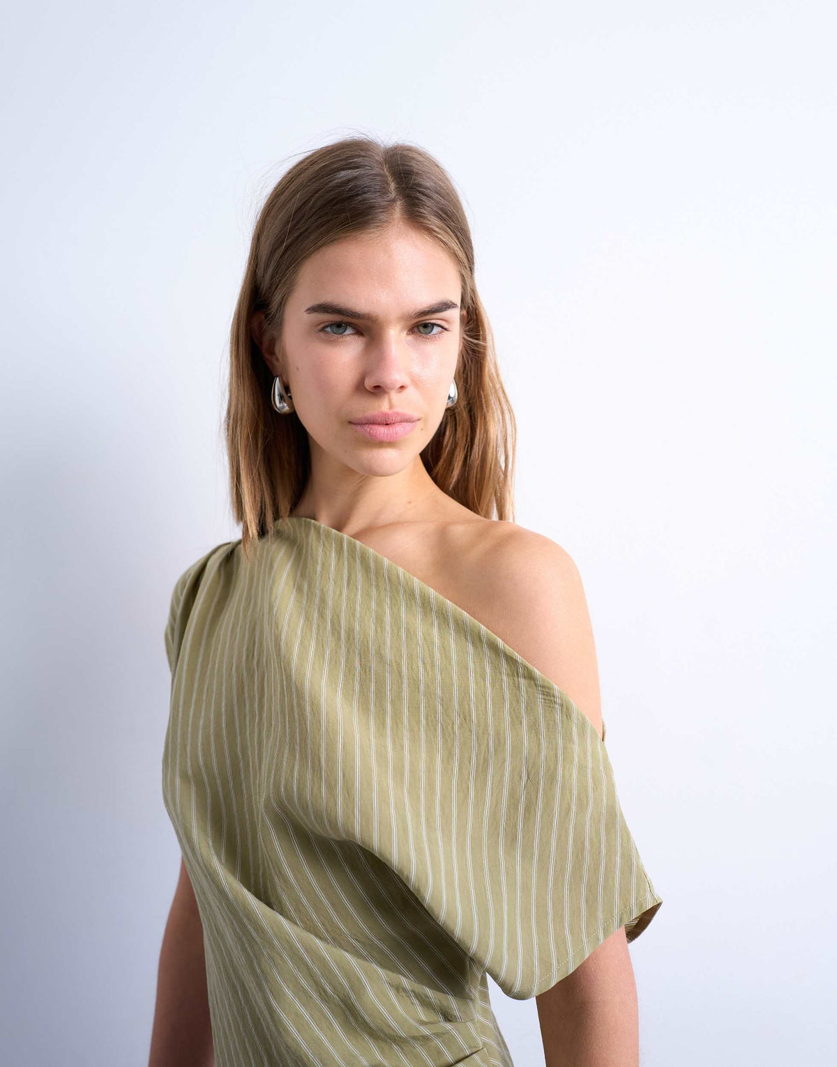 Topshop cinched waist grown on neck mini dress in green stripe