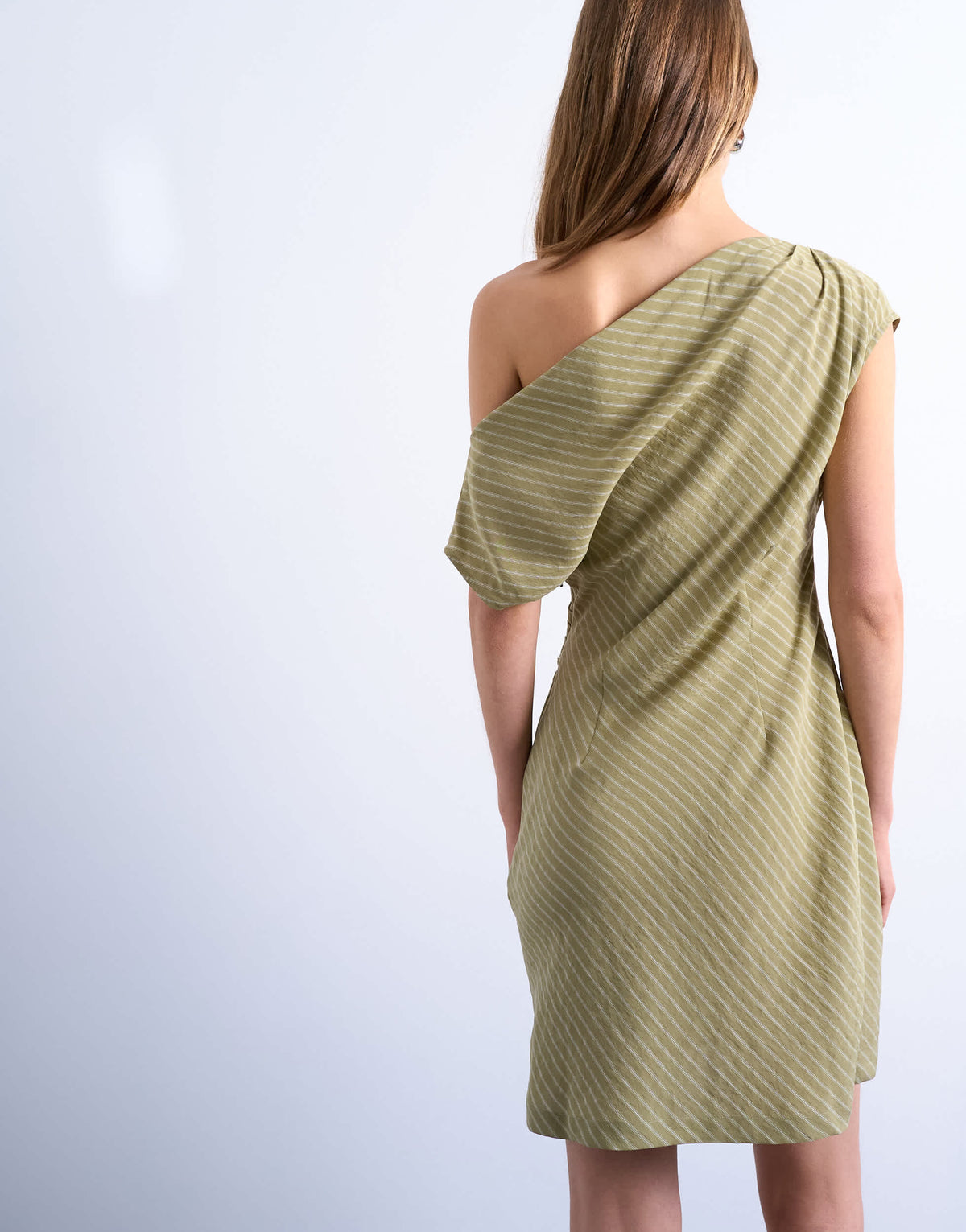 Topshop cinched waist grown on neck mini dress in green stripe