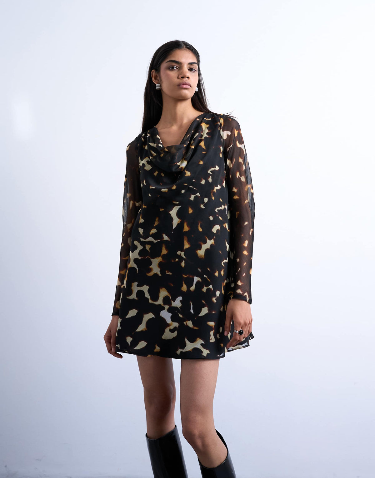 Topshop long sleeve cowl neck mini tea dress in tortoise print