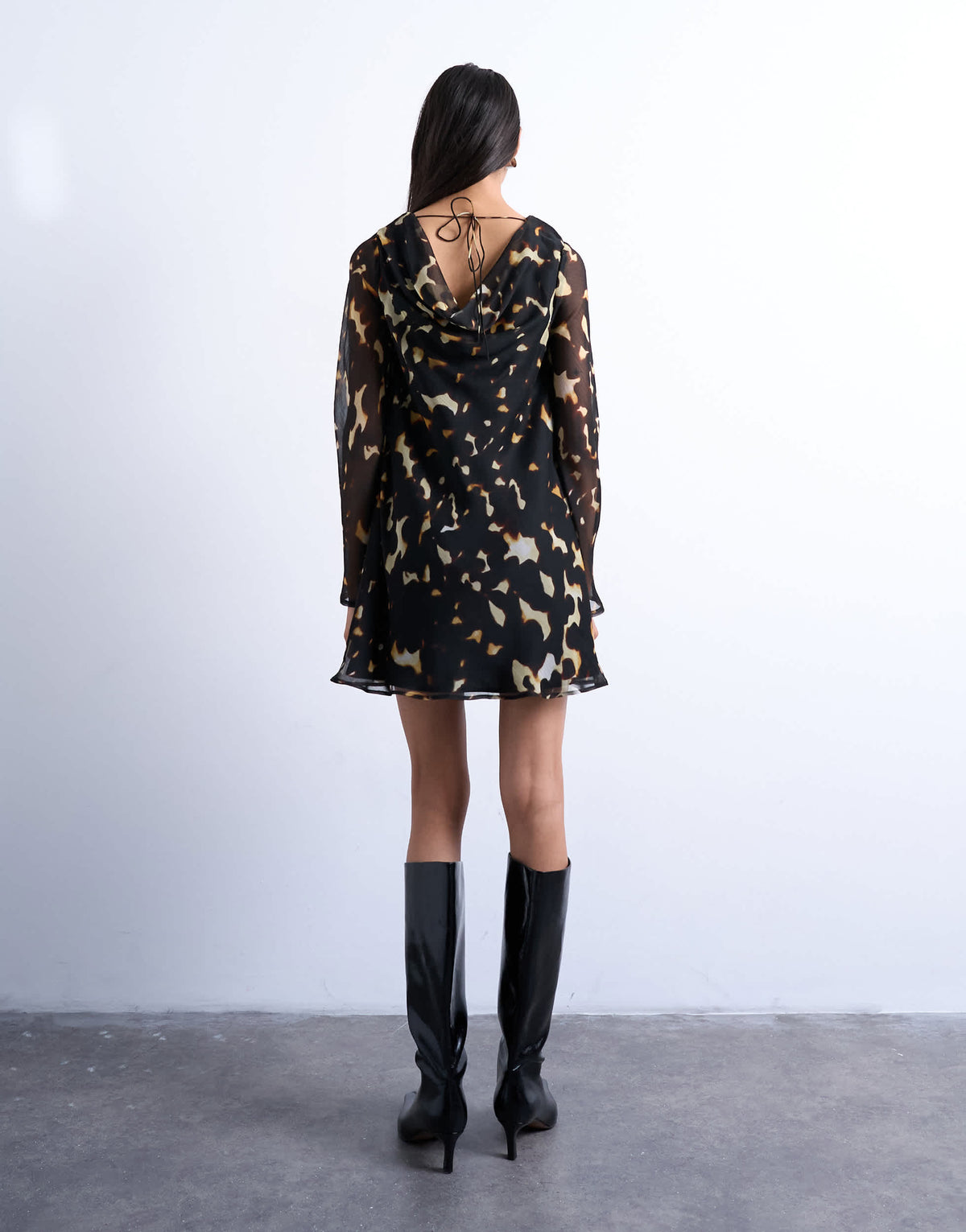 Topshop long sleeve cowl neck mini tea dress in tortoise print